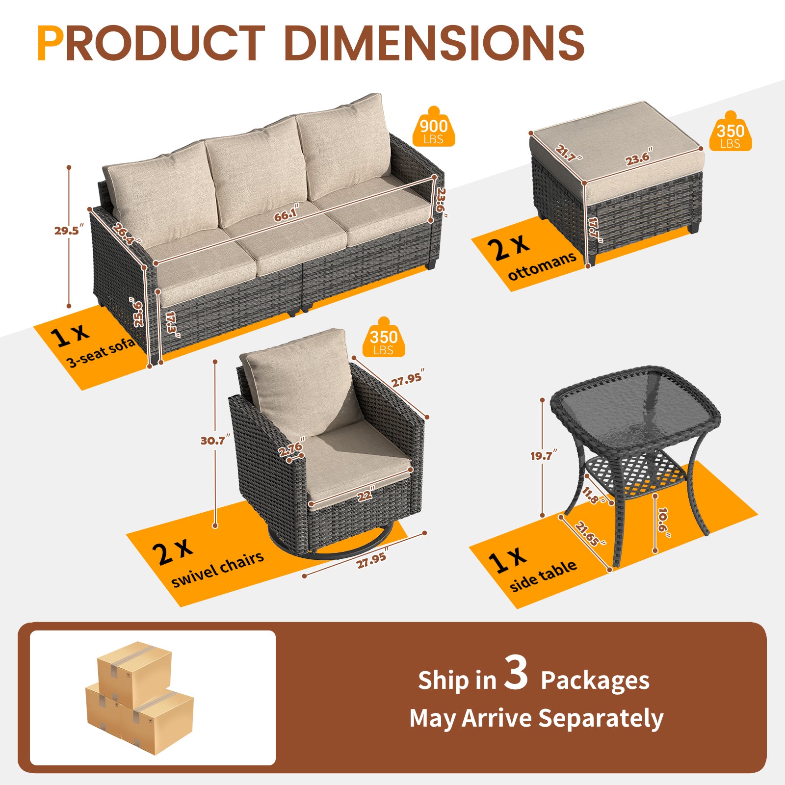 UDPATIO Patio Furniture Set, 6 Pieces Outdoor Sectional Couch, Gray Wicker Rattan Conversation Sofa with Swivel Rocking Chair, 4" Thick Cushion for Garden Backyard Deck, Khaki