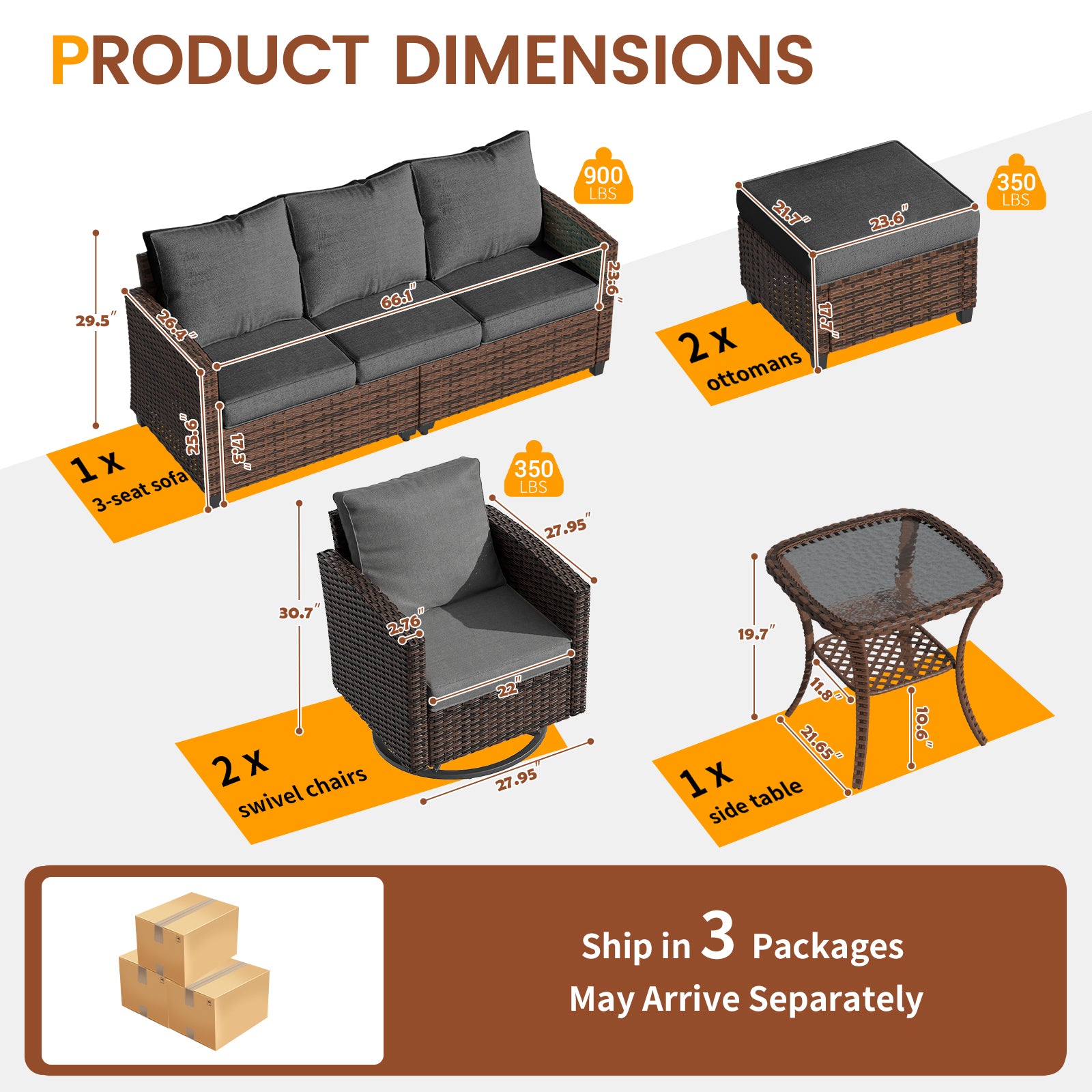 UDPATIO Patio Furniture Set, 6 Pieces Outdoor Sectional Couch, Brown Wicker Rattan Conversation Sofa with Swivel Rocking Chair, 4" Thick Cushion for Garden Backyard Deck, Dark Grey