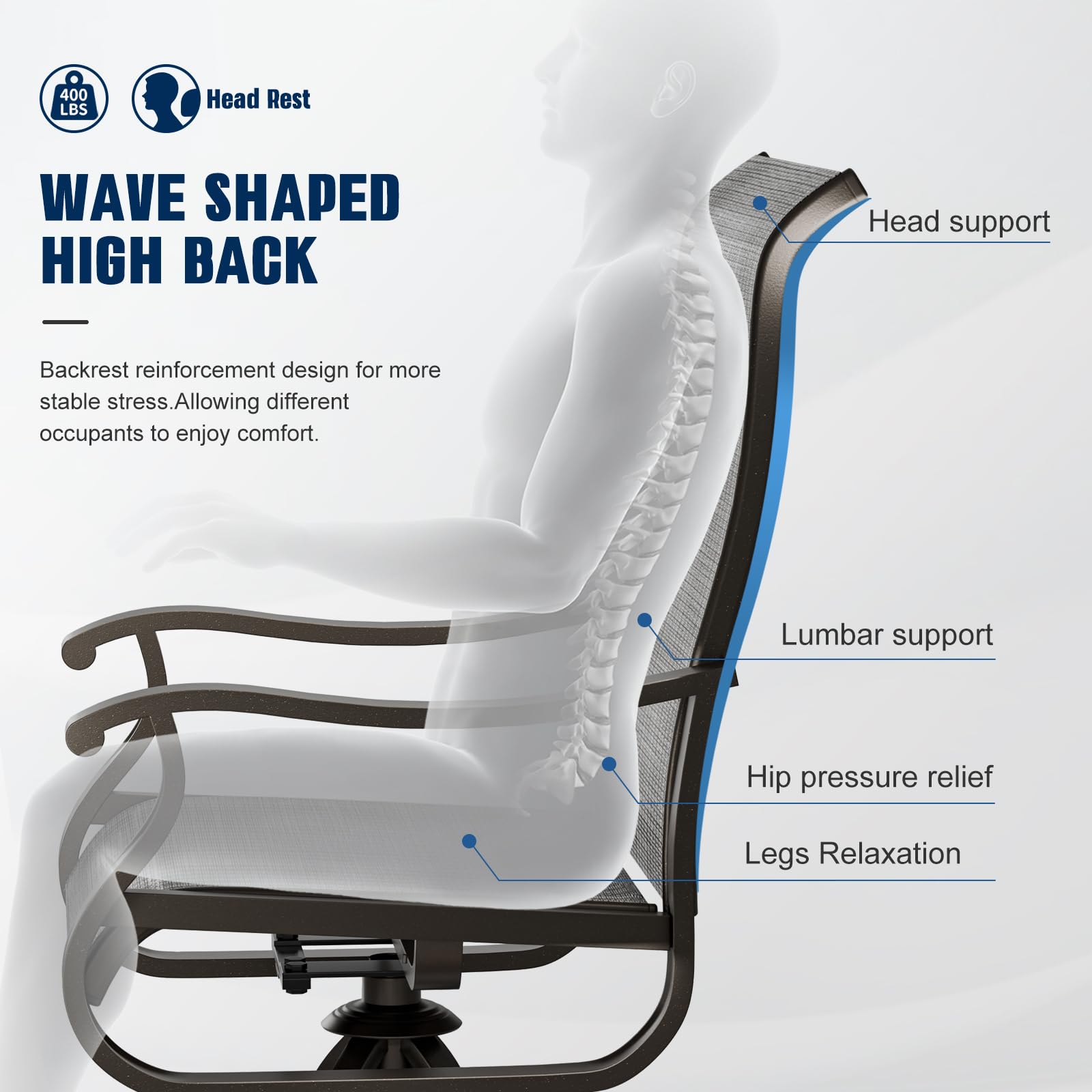 UDPATIO Patio Swivel Dining Chairs Set of 2, Outdoor Dining Chairs High Back with All Weather Breathable Textilene, Metal Rocking Frame for Lawn Garden Backyard, Gray White