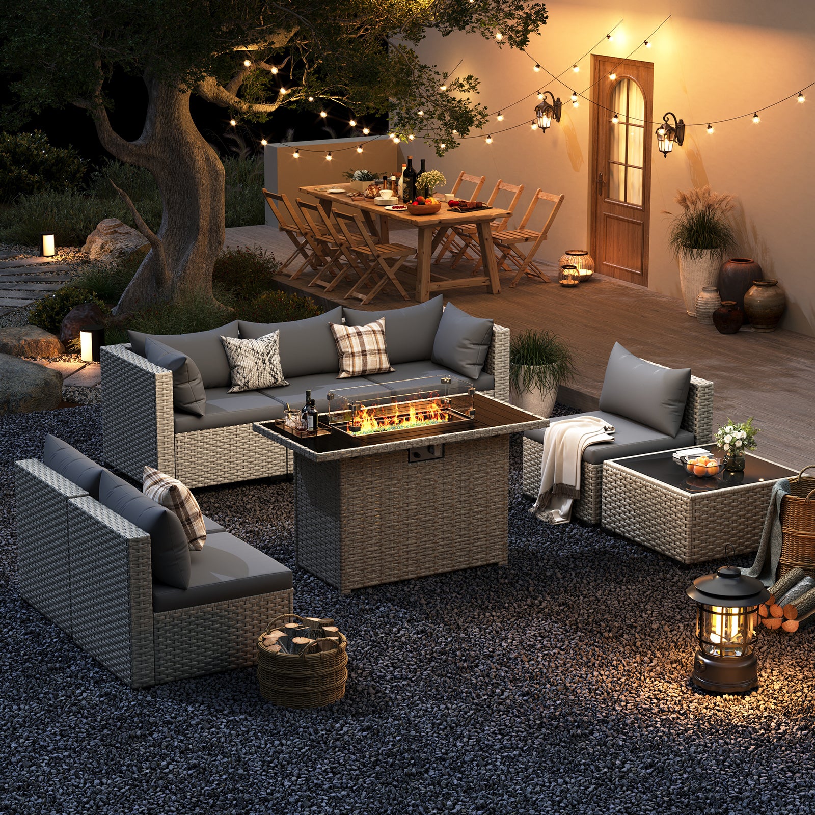 UDPATIO Patio Furniture Set with Fire Pit Table, 8 Pieces Outdoor Sectional Sofa, PE Wicker Patio Conversation Set for Garden, Backyard Green