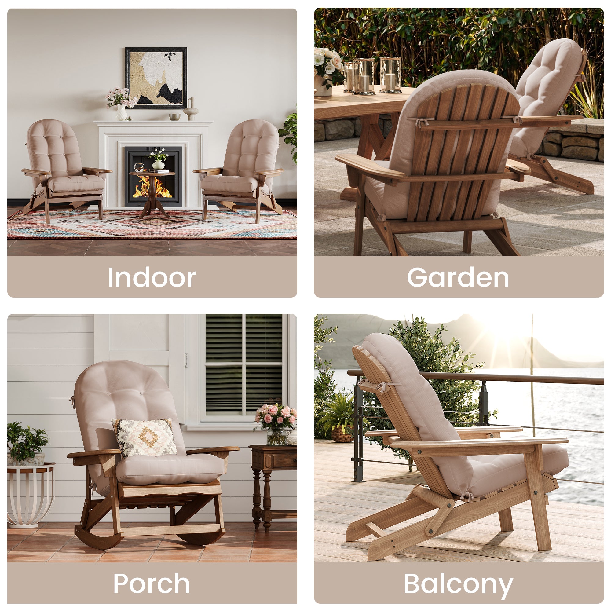 Adirondack Chair Cushion Set of 2 with Ties - Sunproof Waterproof Outdoor High Back Seat Pads for Rocking Chairs, Patio, Deck, Porch, Lawn (Upper & Lower Back Support)