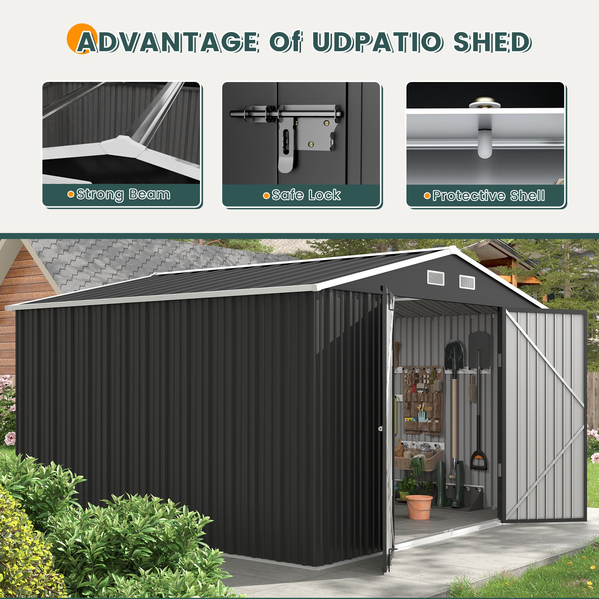UDPATIO Outdoor Storage Shed 10x10 FT, Outside Sheds & Outdoor Storage Metal Galvanized Steel Yard, Lawn, with Lockable Door for Can, Bike, Lawnmower,Dark Grey