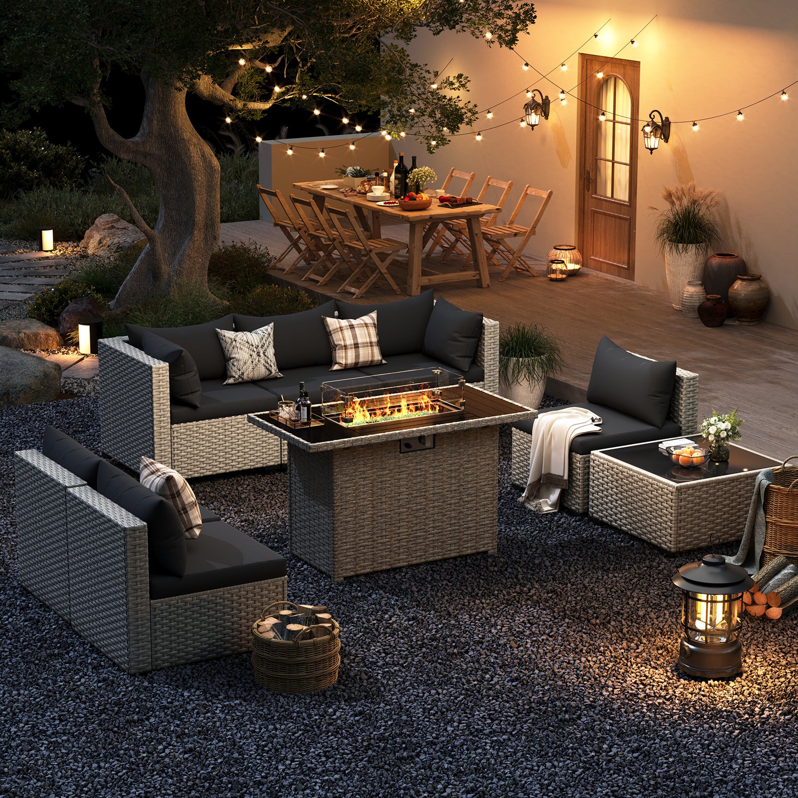 UDPATIO Patio Furniture Set with Fire Pit Table, 8 Pieces Outdoor Sectional Sofa, PE Wicker Patio Conversation Set for Garden, Backyard Green