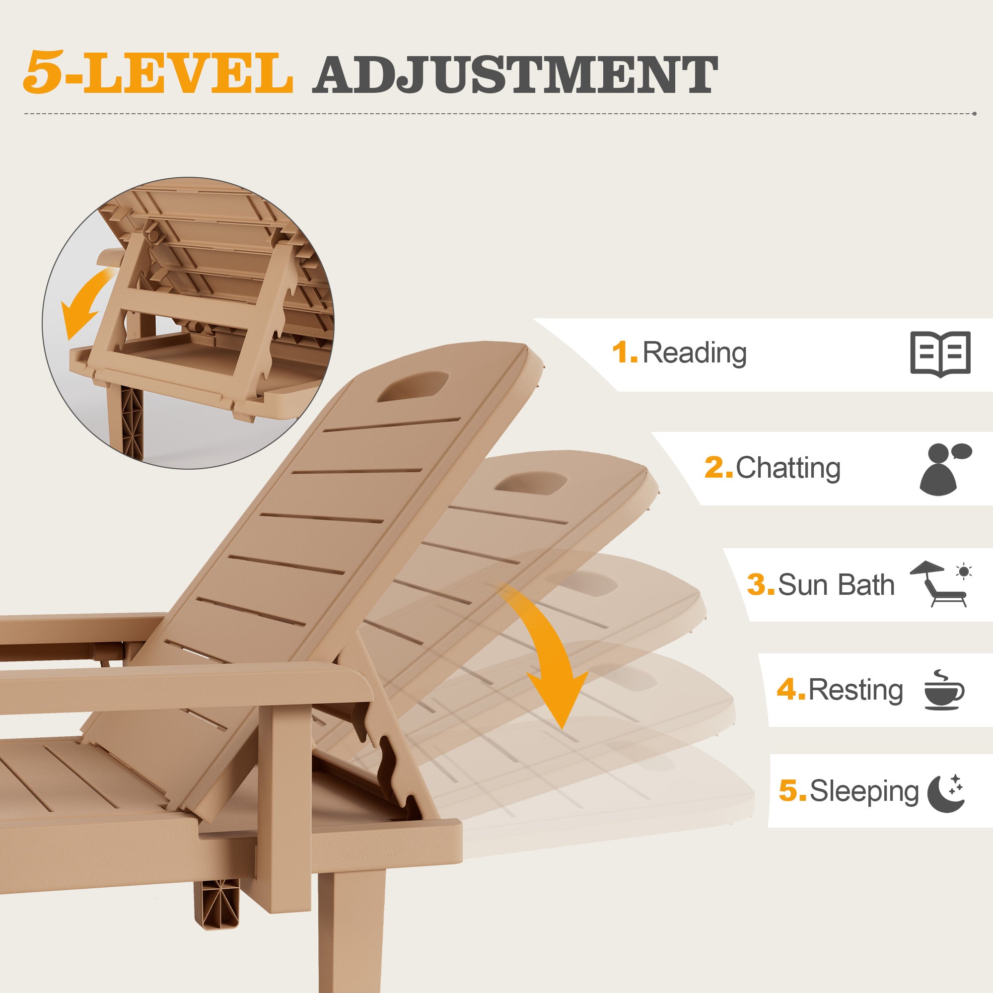 UDPATIO Oversized Pool Lounge Chairs Set of 2, Waterproof Resin Pool Chaise Lounges with Armrests and Cup Holder Tray, 5 Level Adjustable Backrest, for Poolsode, Lawn, Beach, Backyard