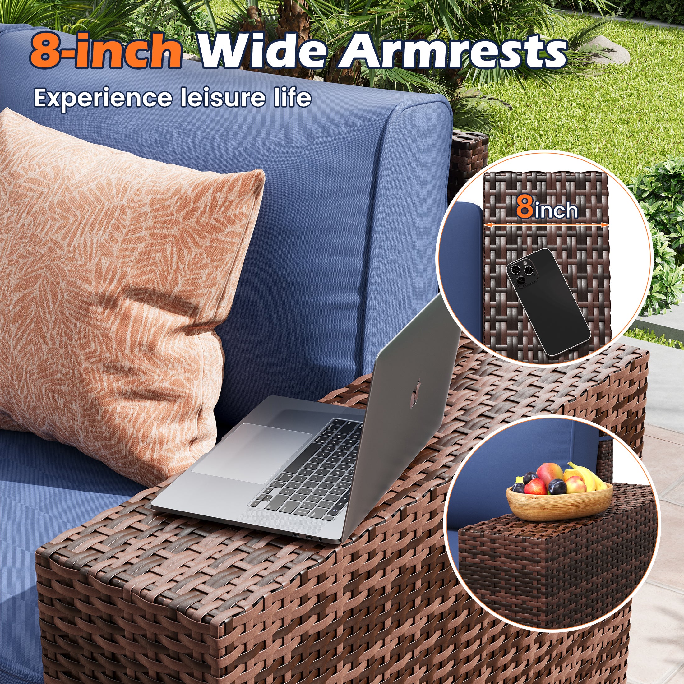 UDPATIO 6-Piece Patio Furniture Set, Outdoor Patio Sofa Set With Wide Armrest, All-Weather Wicker Rattan Guest Set With Cushion And Glass Table And Waterproof Cover, Brown & Navy Blue