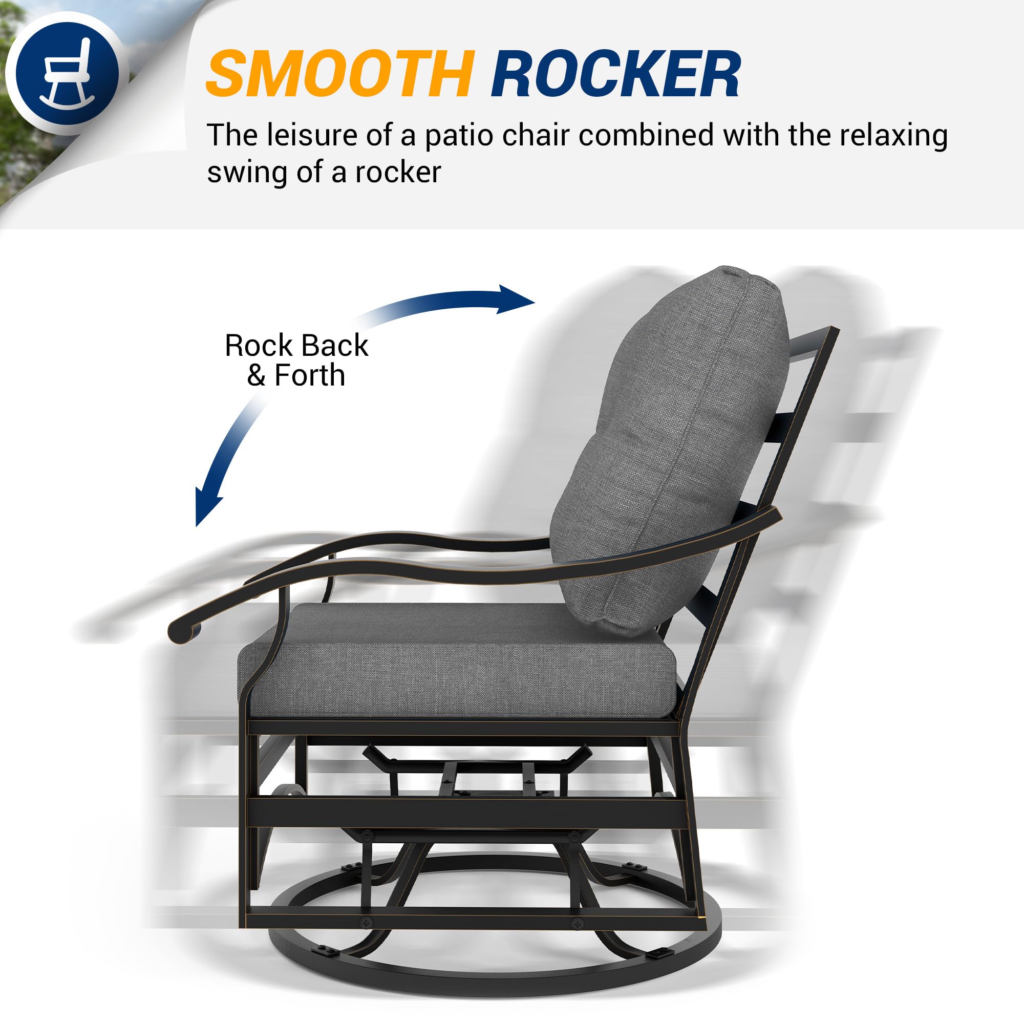 UDPATIO Outdoor Swivel Rocker Chairs, 3 Piece Metal Patio Rocking Chairs with Blue Padded Cushions Patio Bistro Furniture Set with Side Table for Porch Balcony Backyard