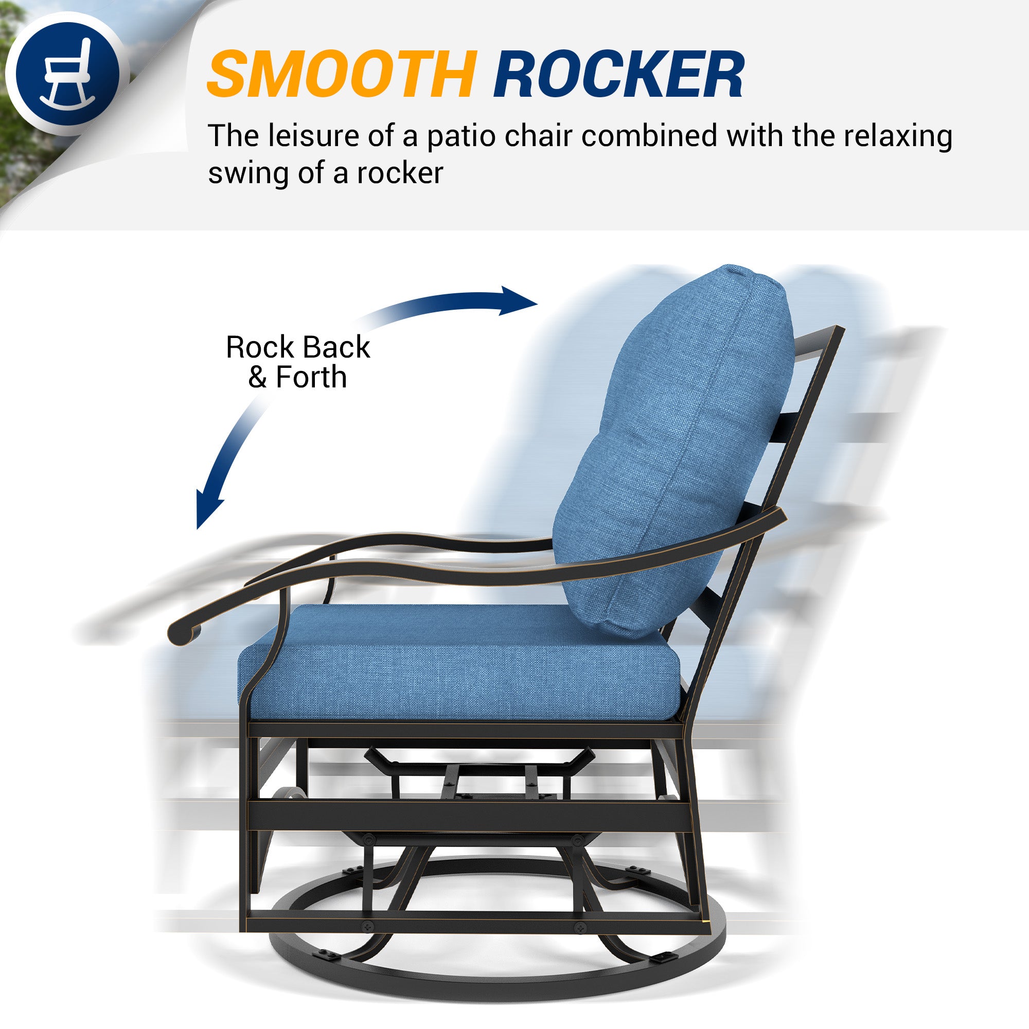 UDPATIO Outdoor Swivel Rocker Chairs, 3 Piece Metal Patio Rocking Chairs with Blue Padded Cushions Patio Bistro Furniture Set with Side Table for Porch Balcony Backyard