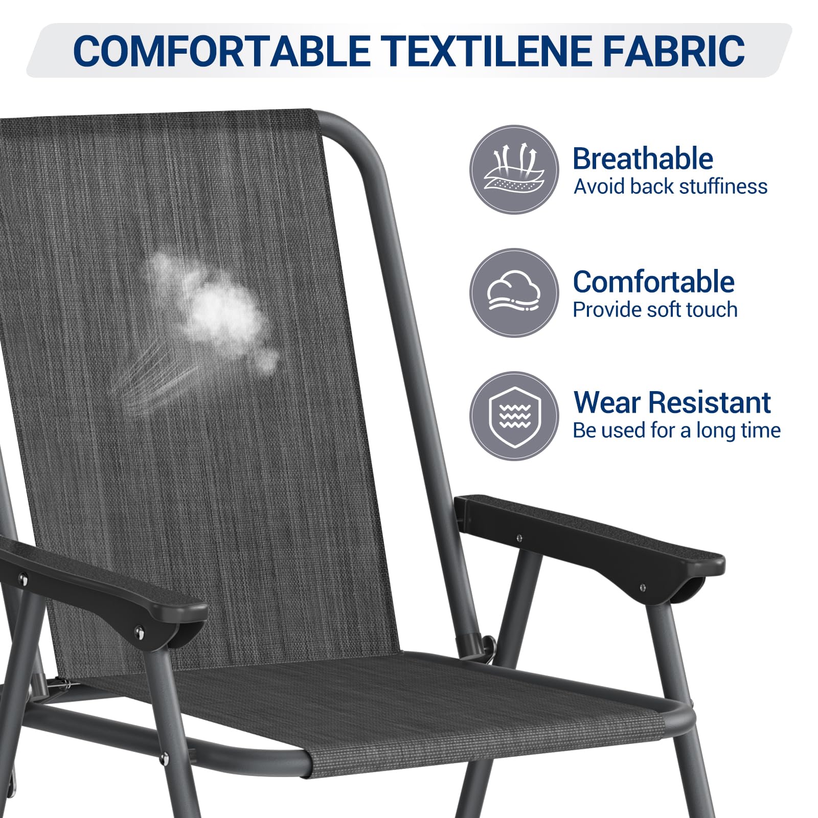 UDPATIO Patio Folding Chairs Set of 6, Lightweight Portable Patio Chair with Sturdy Steel Frame and Weather-Resistant Textilene Fabric, Black