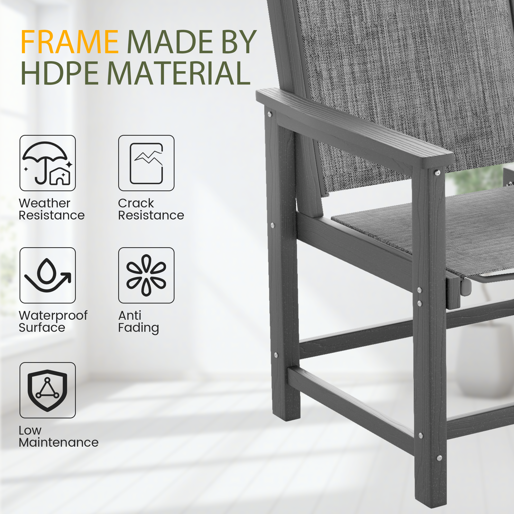 UDPATIO 6-Pack HDPE Patio Dining Chairs with Teslin Fabric - Heavy Duty Outdoor Chairs for Poolside, Deck, Garden, Backyard - All-Weather Resistant Seating Set