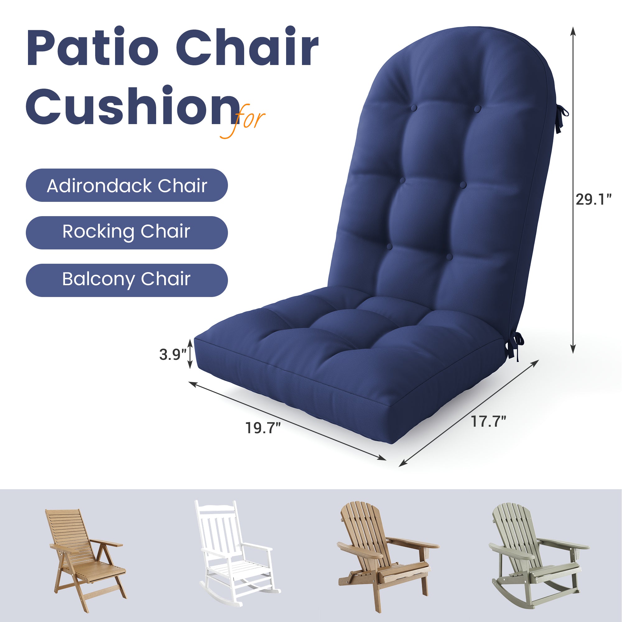 Adirondack Chair Cushion with Ties - Sunproof Waterproof Outdoor High Back Seat Pads for Rocking Chairs, Patio, Deck, Porch, Lawn (Upper & Lower Back Support)