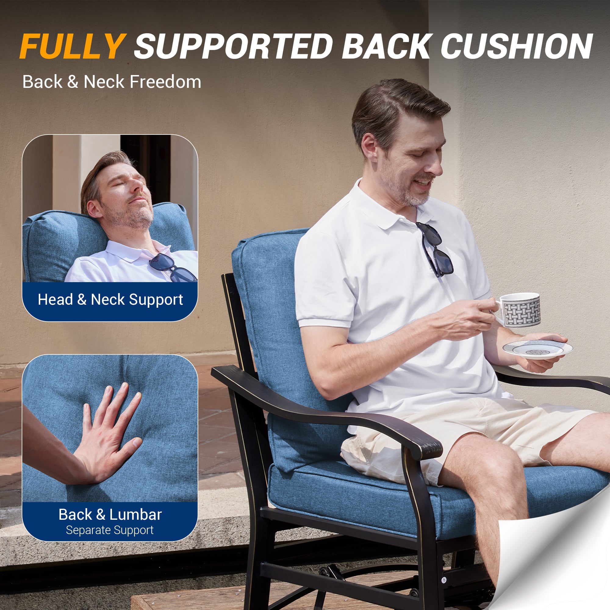 UDPATIO Outdoor Swivel Rocker Chairs, 3 Piece Metal Patio Rocking Chairs with Blue Padded Cushions Patio Bistro Furniture Set with Side Table for Porch Balcony Backyard