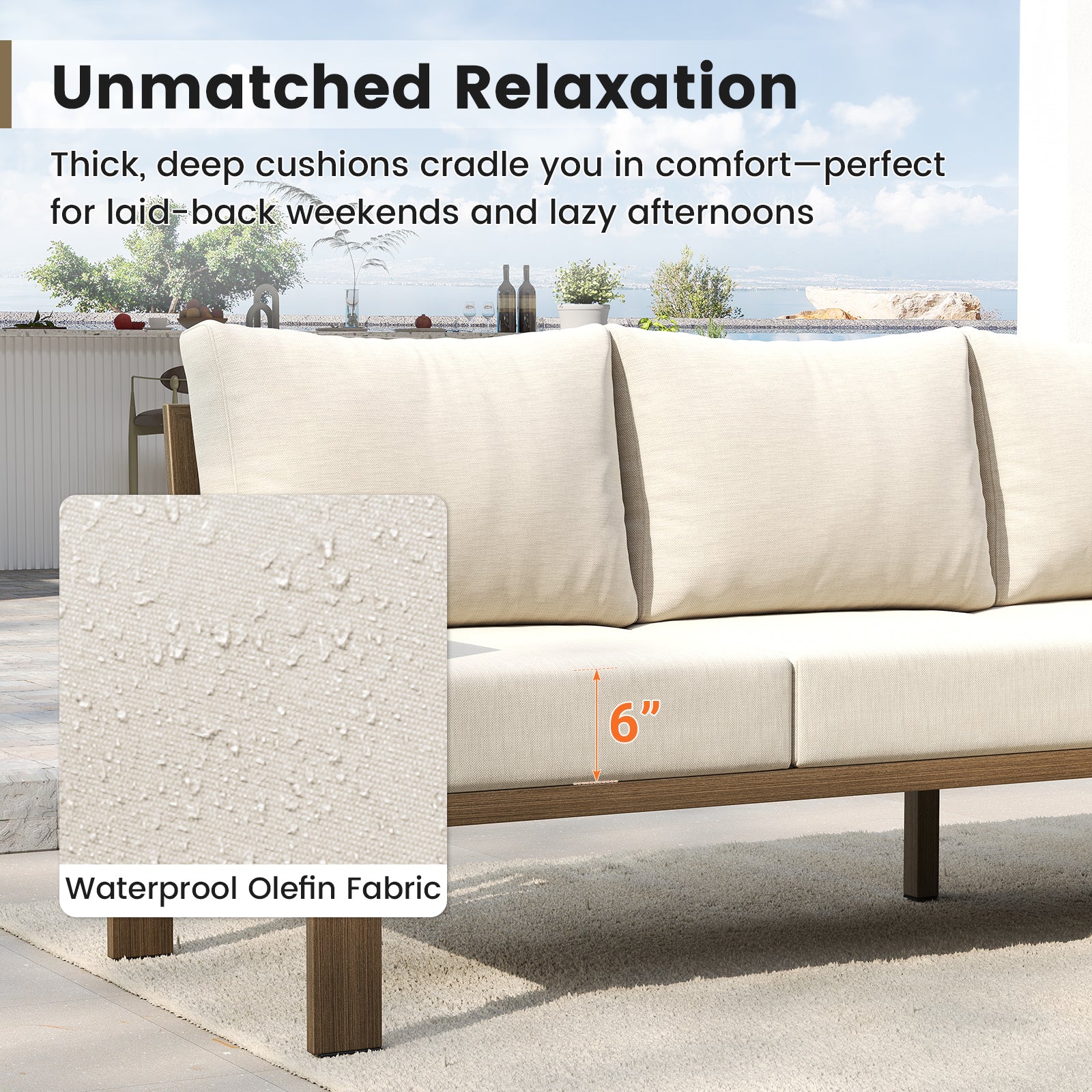 UDPATIO 6 Piece Patio Furniture Set, Faux Wood Metal Outdoor Sectional Sofa with 6" Thick Olefin Cushions, Wide Armrest & Coffee Table, L Shaped Outdoor Furniture for Garden, Backyard