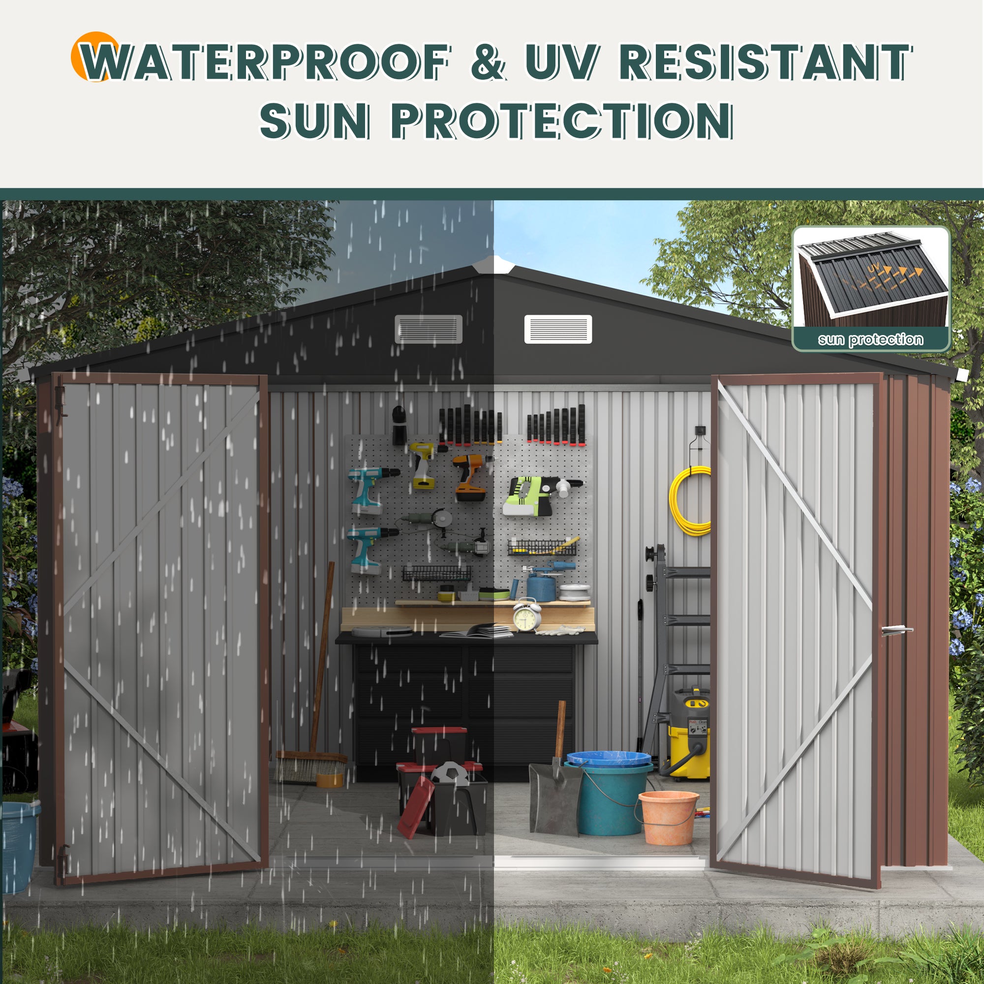 UDPATIO Outdoor Storage Shed 10x10 FT, Outside Sheds & Outdoor Storage Metal Galvanized Steel Yard, Lawn, with Lockable Door for Can, Bike, Lawnmower,Dark Brown