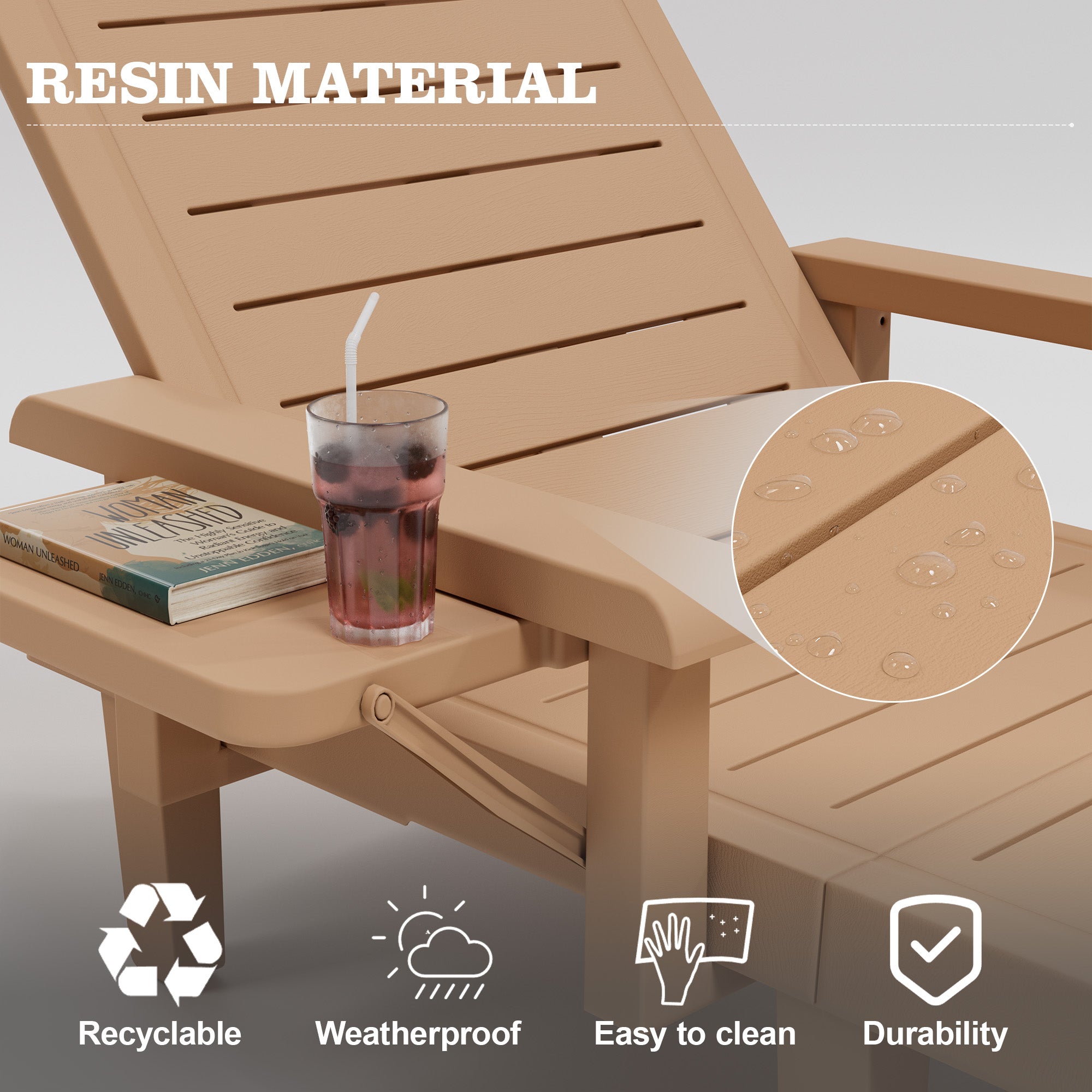 UDPATIO Oversized Pool Lounge Chairs Set of 2, Waterproof Resin Pool Chaise Lounges with Armrests and Cup Holder Tray, 5 Level Adjustable Backrest, for Poolsode, Lawn, Beach, Backyard