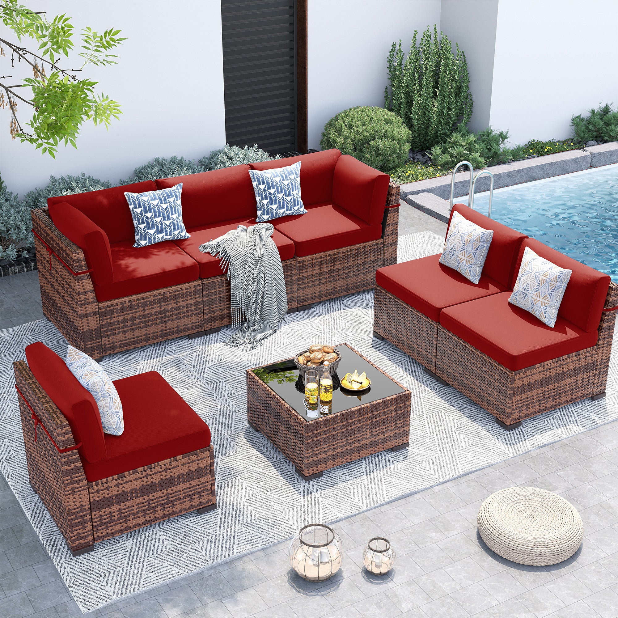 UDPATIO Patio Furniture Set,7 Pieces Outdoor Rattan Sectional Set,Modular Slanted Back Patio Conversation Set Heavy Duty Wicker Sofa for Backyard, Deck W/Coffee Table,4'' Thick Cushions,Cover