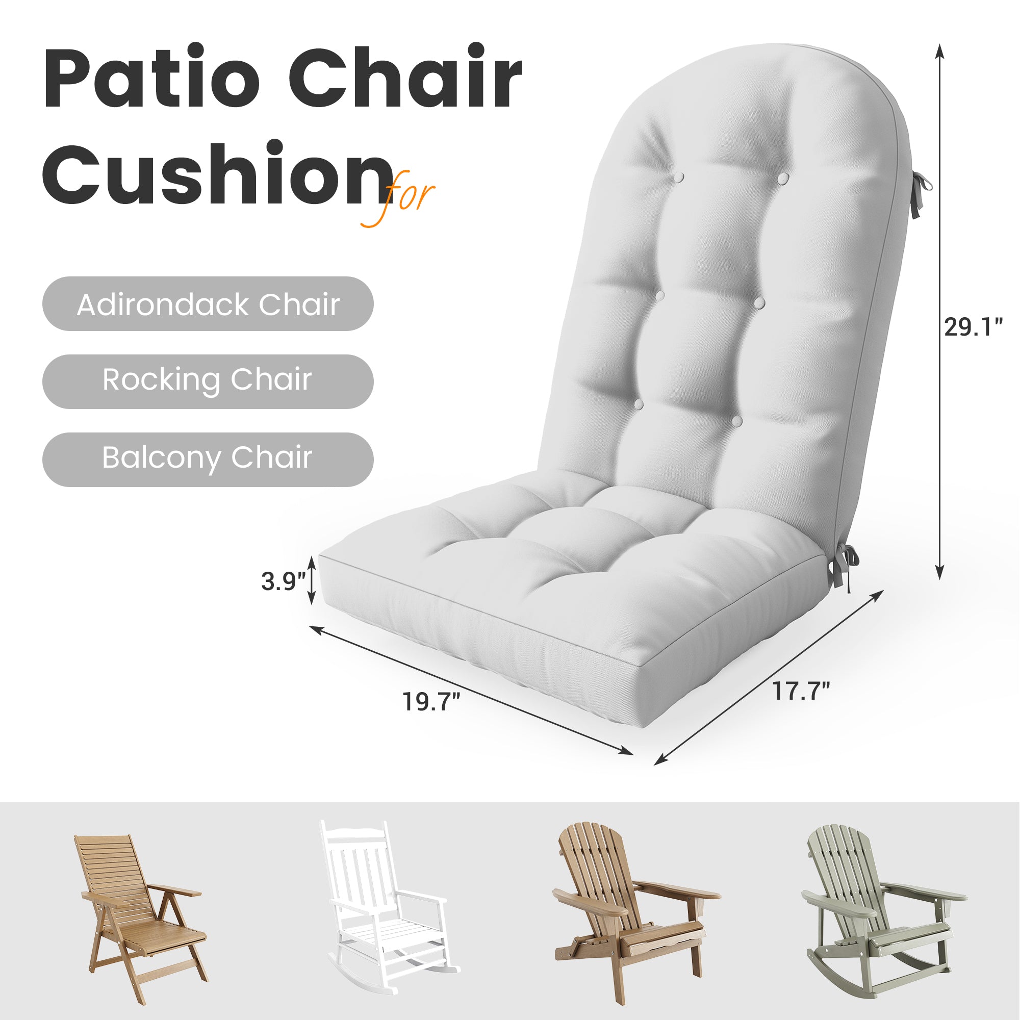 Adirondack Chair Cushion Set of 2 with Ties - Sunproof Waterproof Outdoor High Back Seat Pads for Rocking Chairs, Patio, Deck, Porch, Lawn (Upper & Lower Back Support)