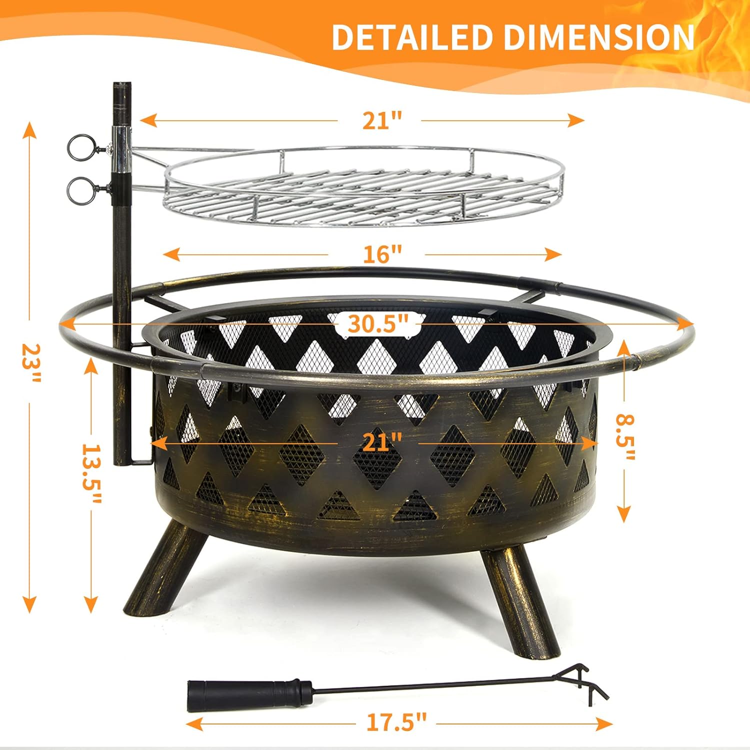 UDPATIO 2 in 1 Outdoor Fire Pit with Grill Cover & Mat, Large 30" Wood Burning FirePits with Swivel Cooking Grate Outdoor Firepit with Spark Cover for Backyard Bonfire Patio Outside Picnic BBQ