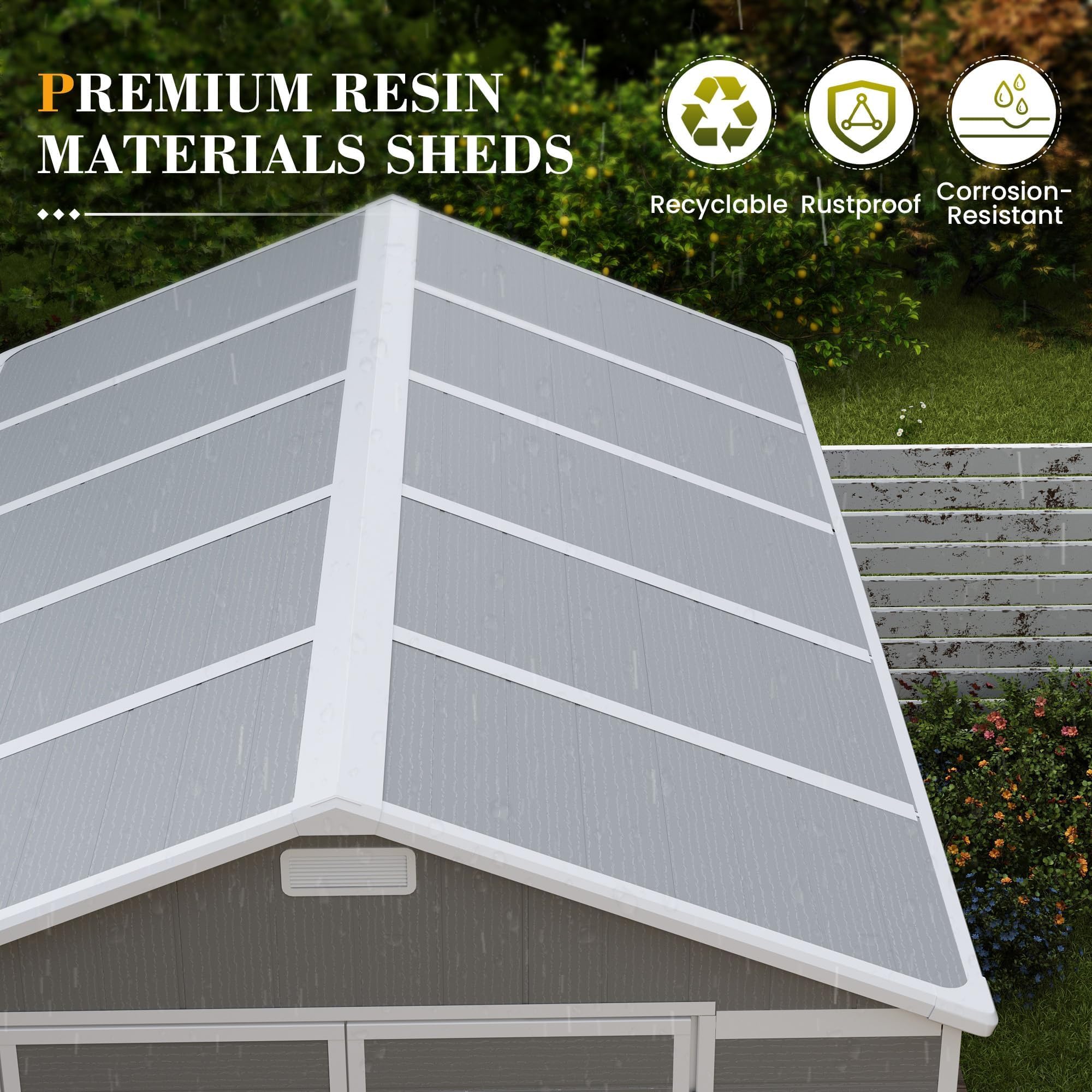 UDPATIO Storage Shed 8 x 10 FT, Resin Outdoor Garden Sheds with Floor Plastic Patio Outdoor Storage with Lockable Door for Tool, Bike, Garbage Gray White