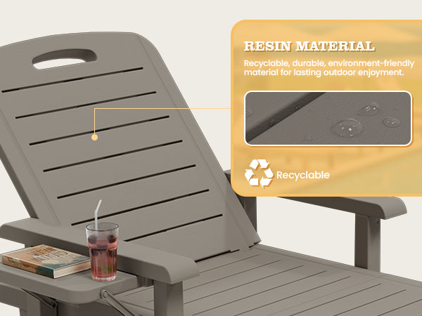 UDPATIO Oversized Pool Lounge Chairs Set of 2, Waterproof Resin Pool Chaise Lounges with Armrests and Cup Holder Tray, 5 Level Adjustable Backrest, for Poolsode, Lawn, Beach, Backyard