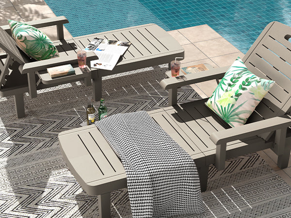 UDPATIO Oversized Pool Lounge Chairs Set of 2, Waterproof Resin Pool Chaise Lounges with Armrests and Cup Holder Tray, 5 Level Adjustable Backrest, for Poolsode, Lawn, Beach, Backyard