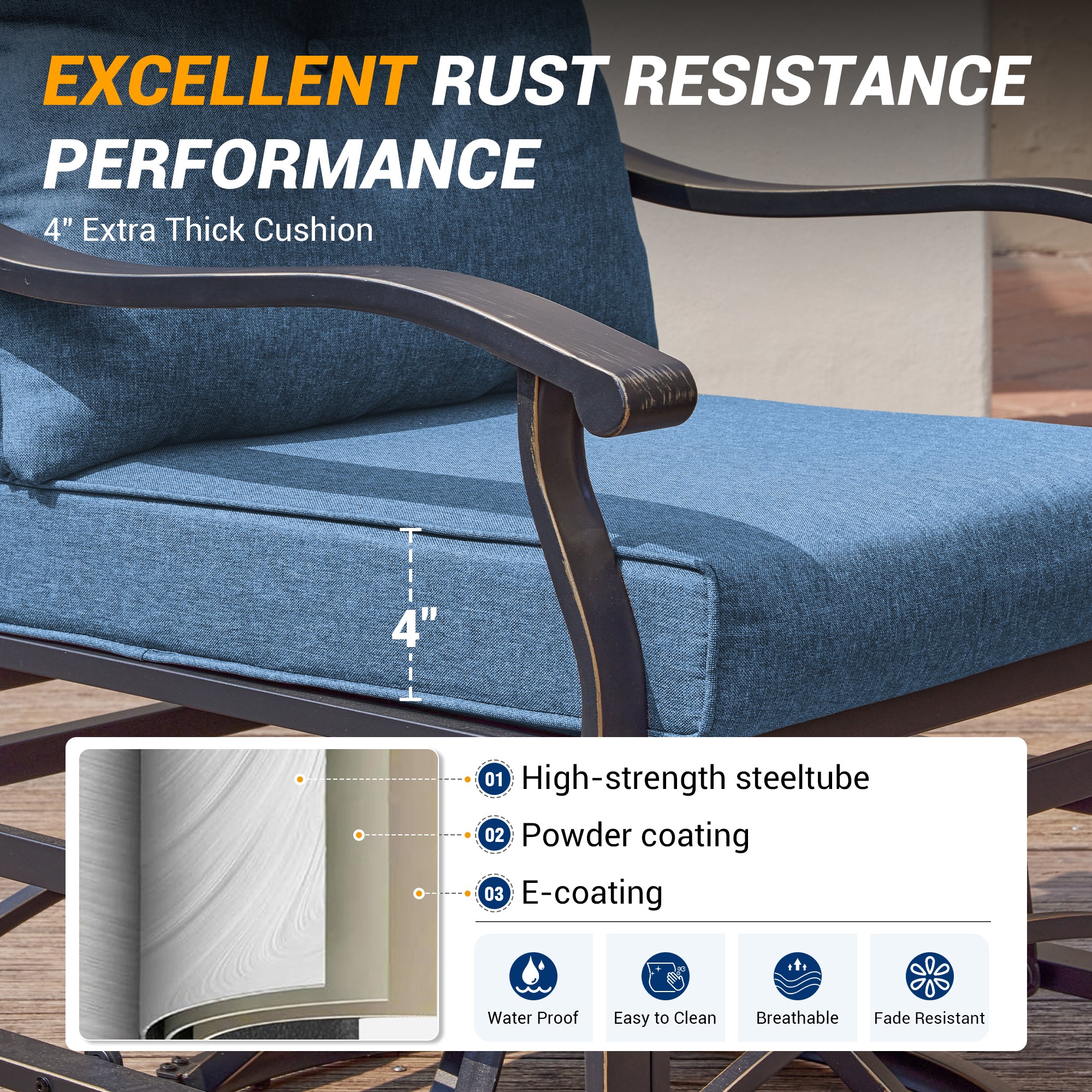 UDPATIO Outdoor Swivel Rocker Chairs, 3 Piece Metal Patio Rocking Chairs with Blue Padded Cushions Patio Bistro Furniture Set with Side Table for Porch Balcony Backyard