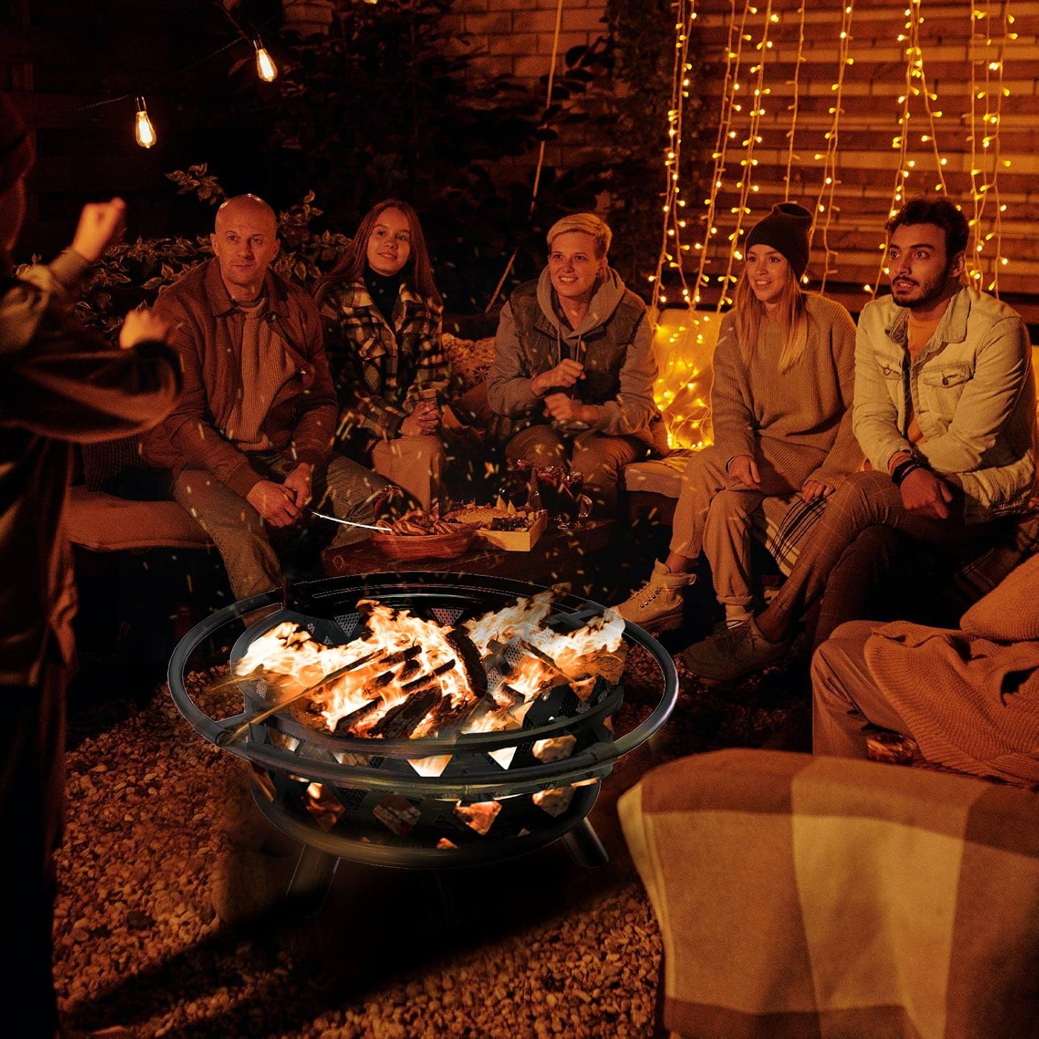 UDPATIO 2 in 1 Outdoor Fire Pit with Grill Cover & Mat, Large 30" Wood Burning FirePits with Swivel Cooking Grate Outdoor Firepit with Spark Cover for Backyard Bonfire Patio Outside Picnic BBQ