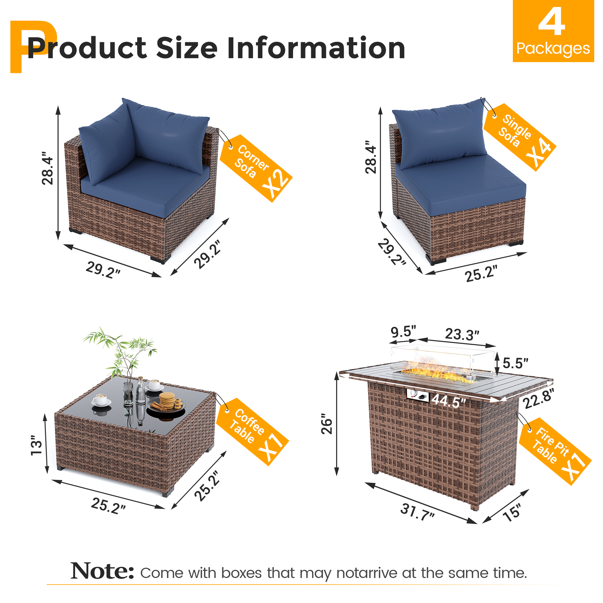 UDPATIO Outdoor Patio Furniture Set with Fire Pit Table, 8 Piece Outdoor Sectional Sofas, All-Weather Wicker Patio Conversation Set for Garden, Backyard
