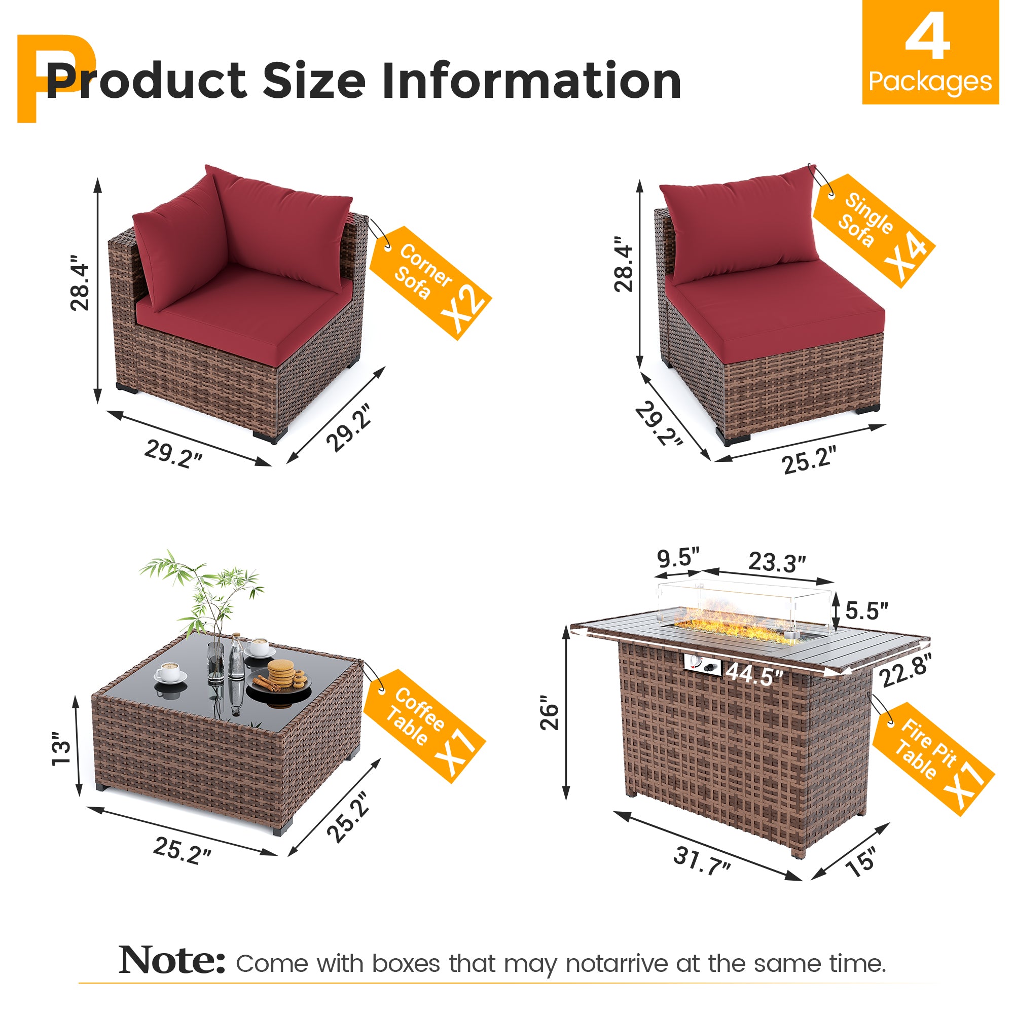 UDPATIO Outdoor Patio Furniture Set with Fire Pit Table, 8 Piece Outdoor Sectional Sofas, All-Weather Wicker Patio Conversation Set for Garden, Backyard