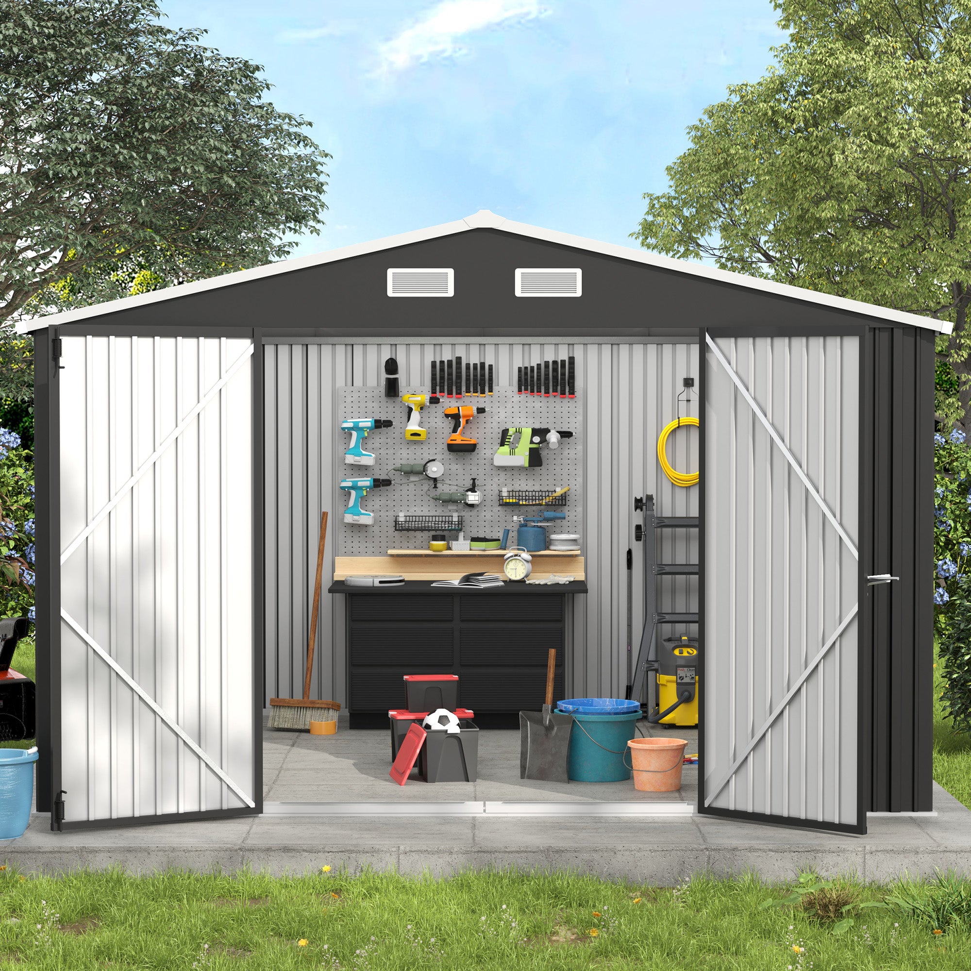 UDPATIO Outdoor Storage Shed 10x10 FT, Outside Sheds & Outdoor Storage Metal Galvanized Steel Yard, Lawn, with Lockable Door for Can, Bike, Lawnmower,Dark Grey