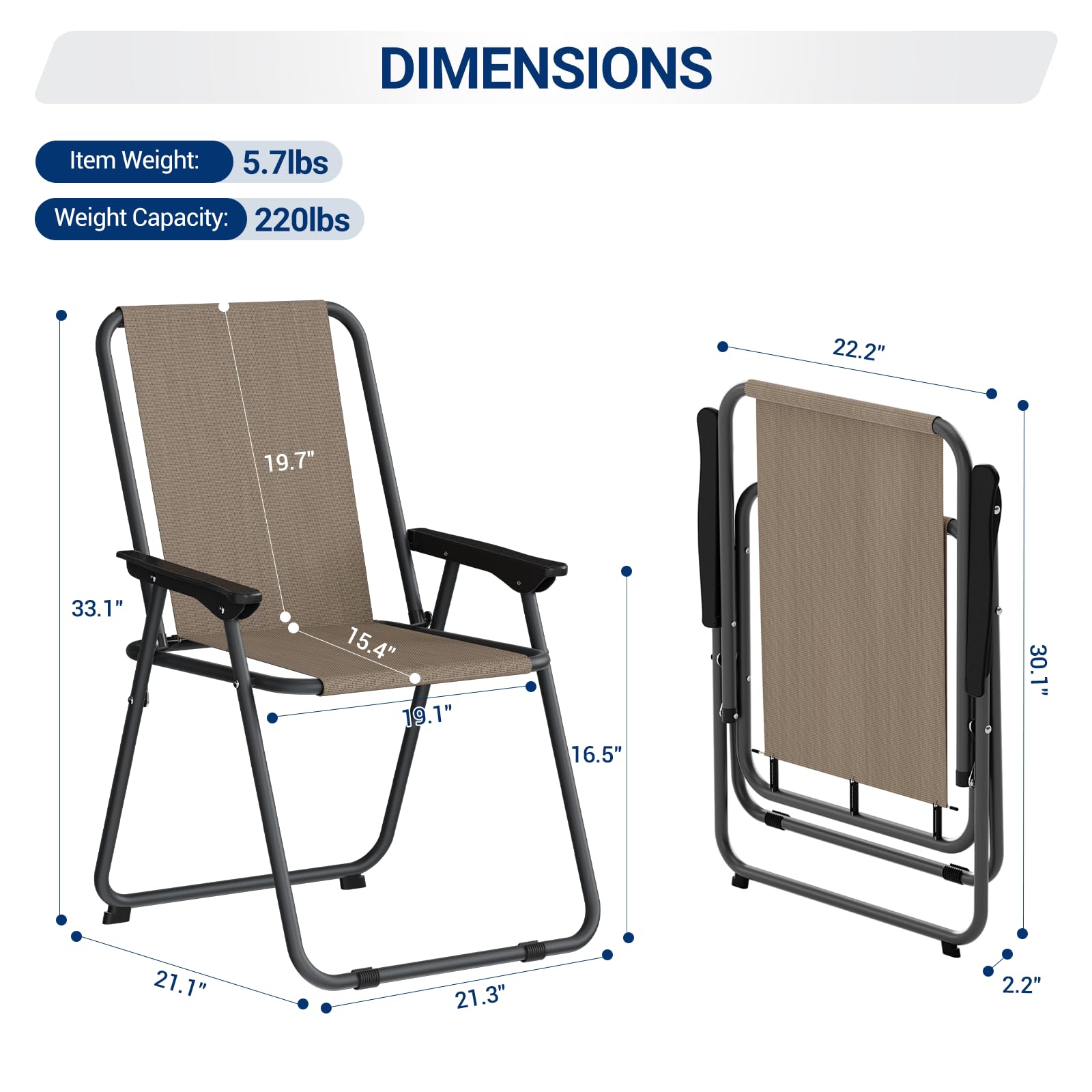 UDPATIO Patio Folding Chairs Set of 6, Lightweight Portable Patio Chair with Sturdy Steel Frame and Weather-Resistant Textilene Fabric, Brown