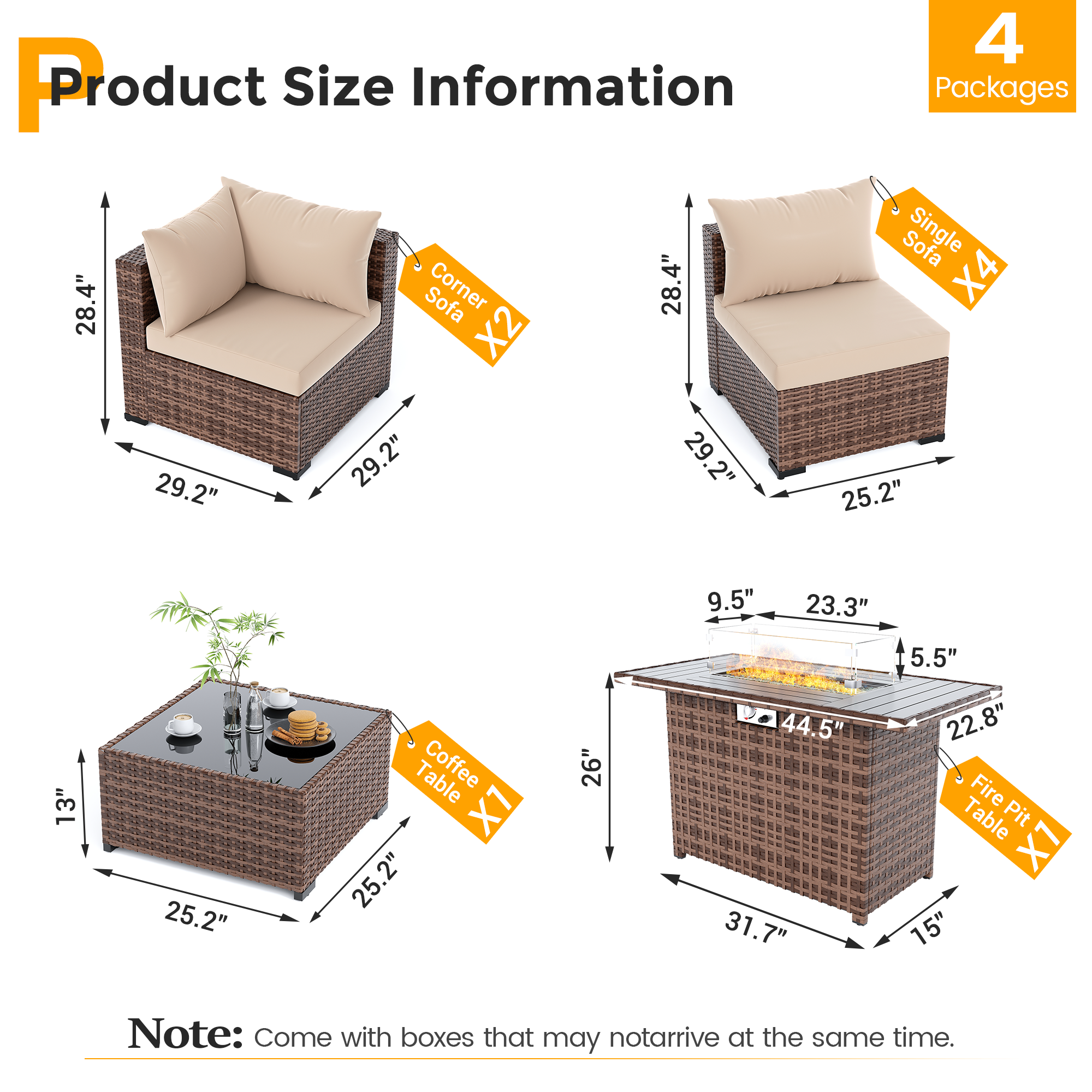 UDPATIO Outdoor Patio Furniture Set with Fire Pit Table, 8 Piece Outdoor Sectional Sofas, All-Weather Wicker Patio Conversation Set for Garden, Backyard