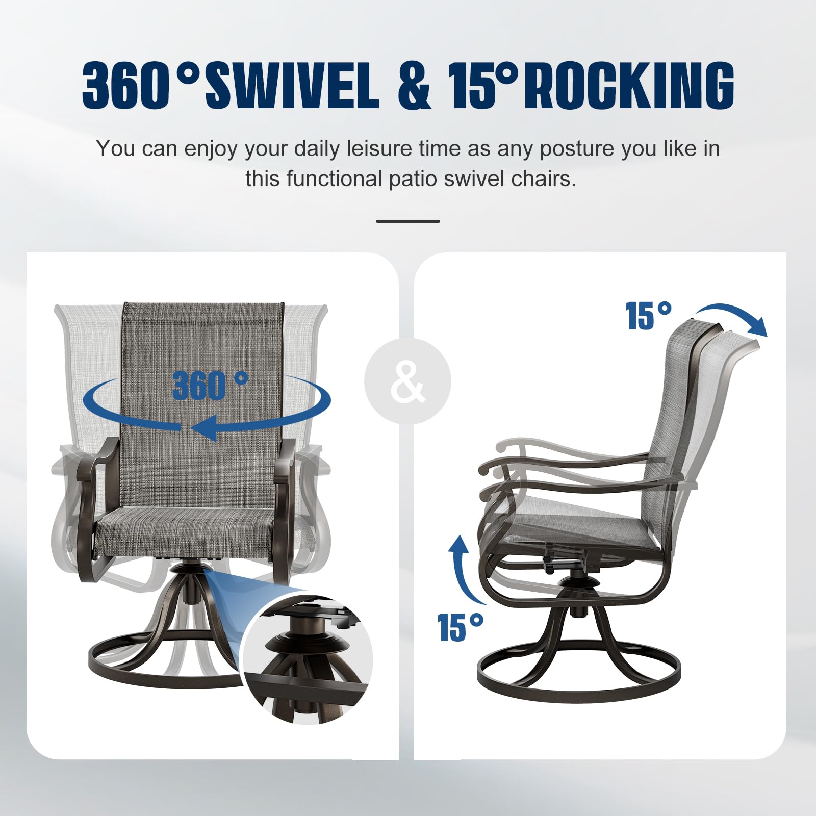 UDPATIO Patio Swivel Dining Chairs Set of 2, Outdoor Dining Chairs High Back with All Weather Breathable Textilene, Metal Rocking Frame for Lawn Garden Backyard, Gray White