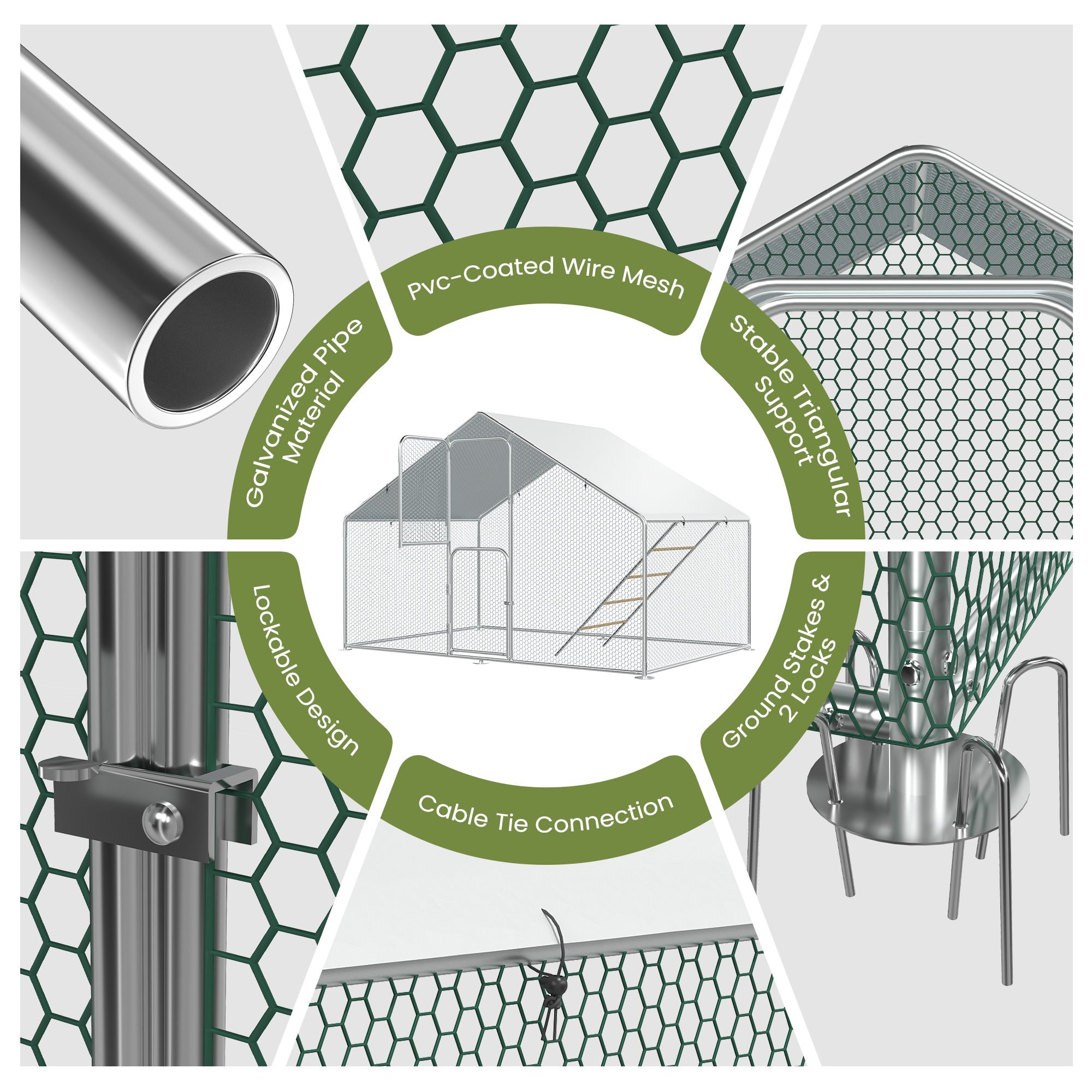 Chicken Coop & Metal Run - Spacious Walk In Pen for 10 Chickens with Double Feed Door, UV-Resistant Cover, Galvanized Frame - Duck & Rabbit House