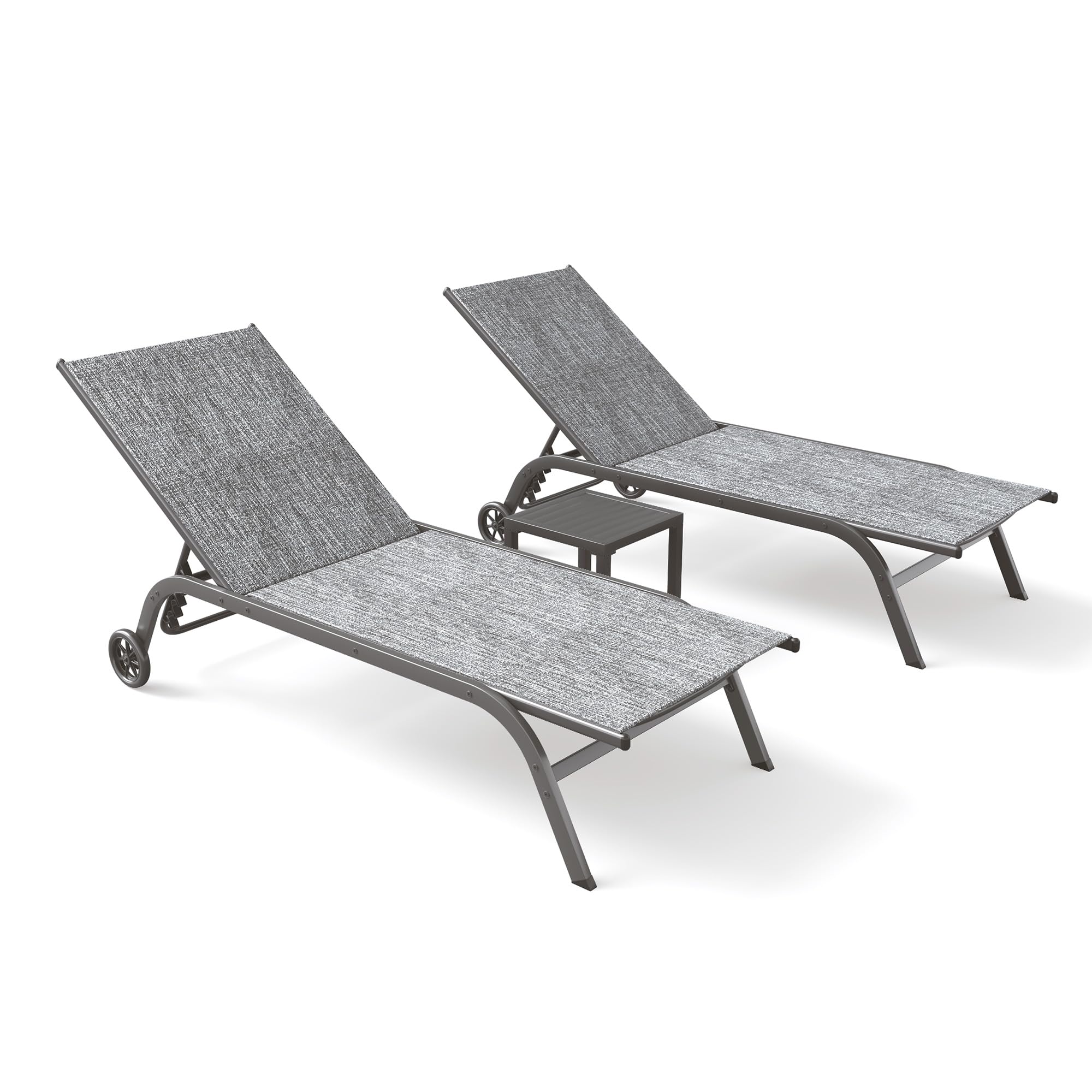 Chaise Lounge Outdoor Set of 3, Aluminum Lounge Chair, 5 Adjustable Position Backrest Pool Lounger with Wheels and Side Table for Patio Pool Patio (Grey)