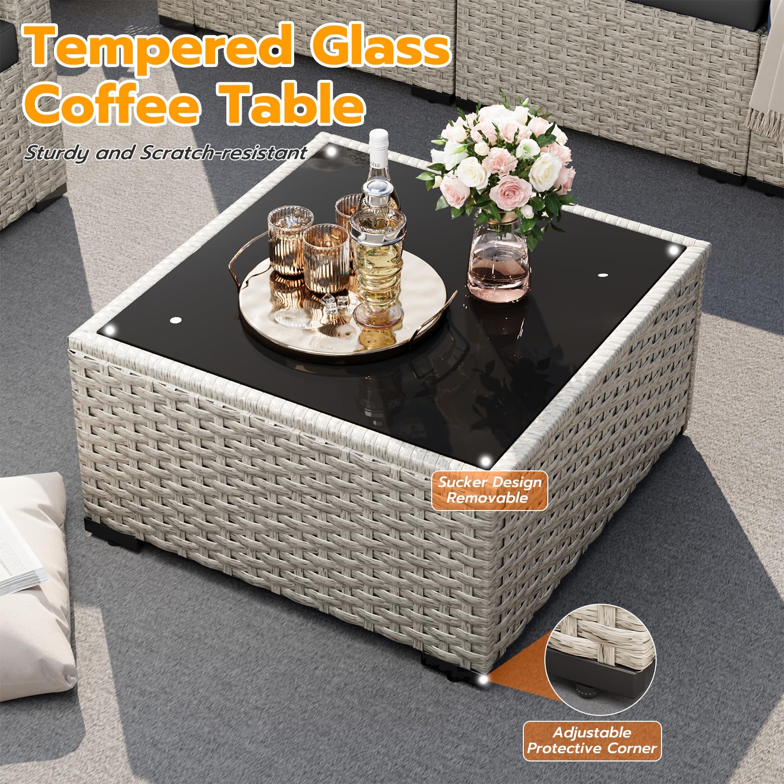 UDPATIO Patio Furniture Set with Fire Pit Table, 8 Pieces Outdoor Sectional Sofa, PE Wicker Patio Conversation Set for Garden, Backyard Green