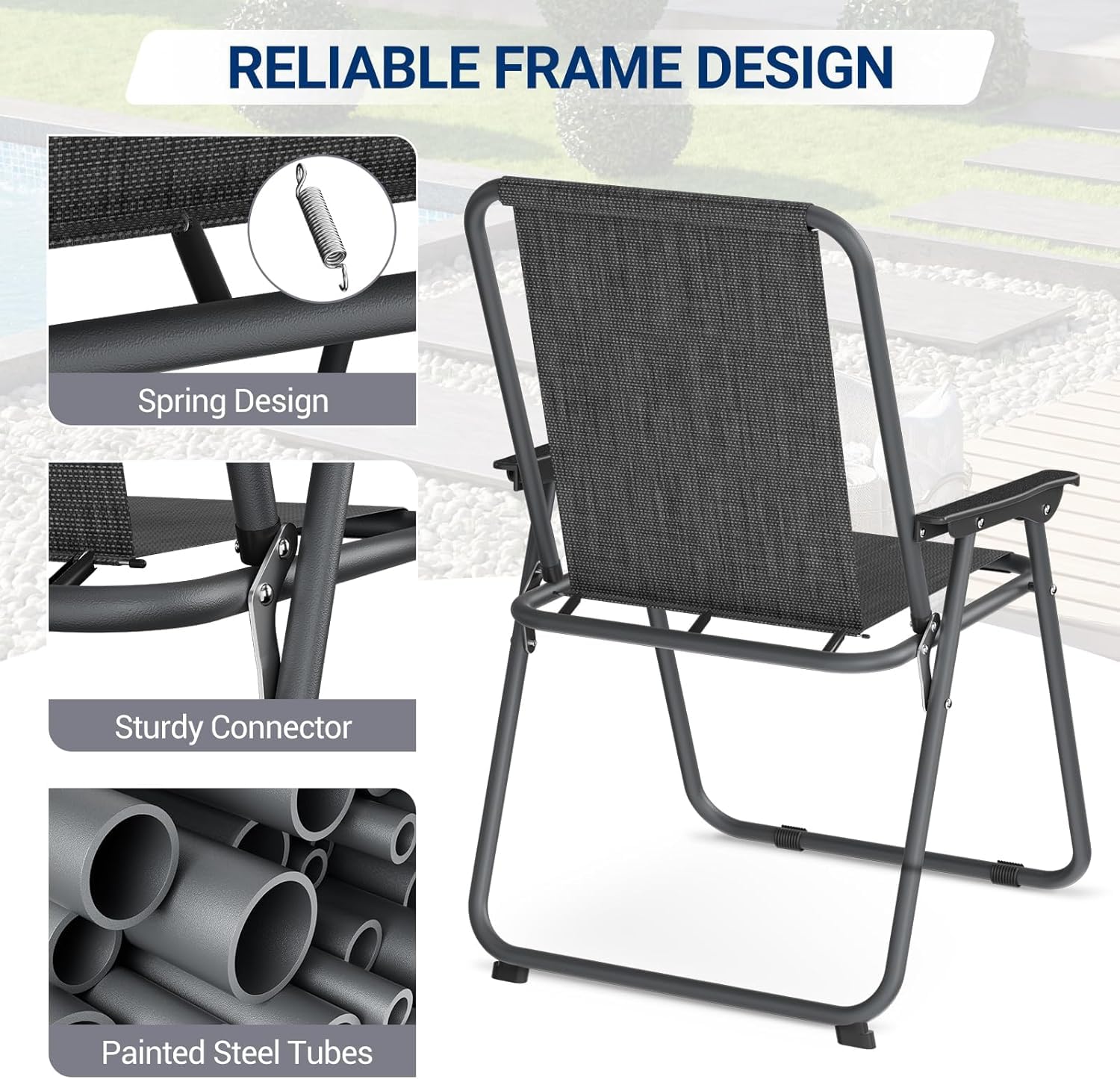 UDPATIO Folding Patio Chairs Set, Patio Dining Chairs Set of 4 and 31.5" Metal Table with 1.57" Umbrella Hole, Black