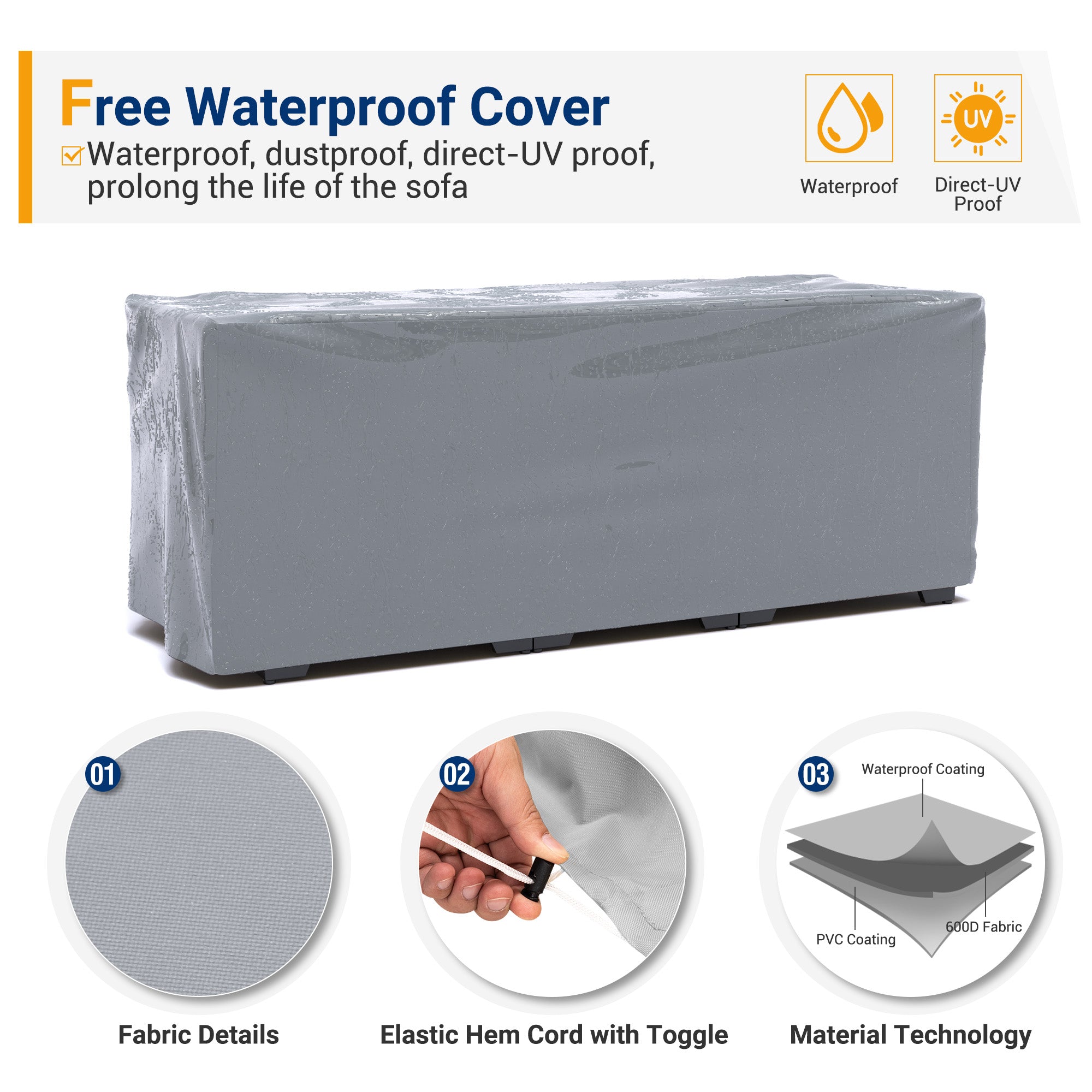 UDPATIO 3-Seat Patio Wicker Sofa, Outdoor Rattan Sectional Couch Furniture Steel Frame w/Furniture Cover Non-Slip Cushion and Deep Seating High Back