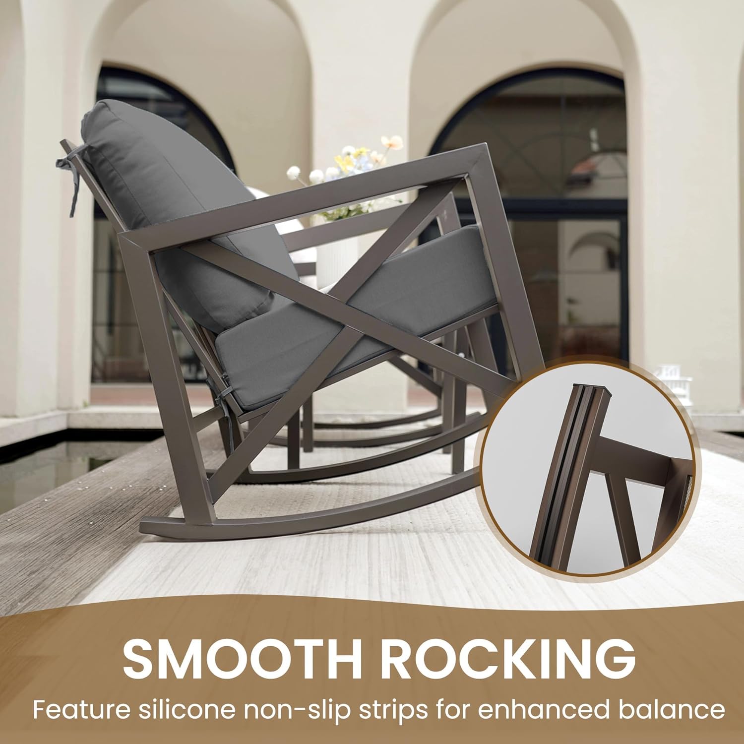 UDPATIO Rocking Chair Outdoor Set 2 with Coffee Table, 3 Piece Metal Rocking Bistro Set with 6.5" Water-Resistant Cushions, Oversized, 350lbs Heavy-Duty, for Porch, Patio, Balcony