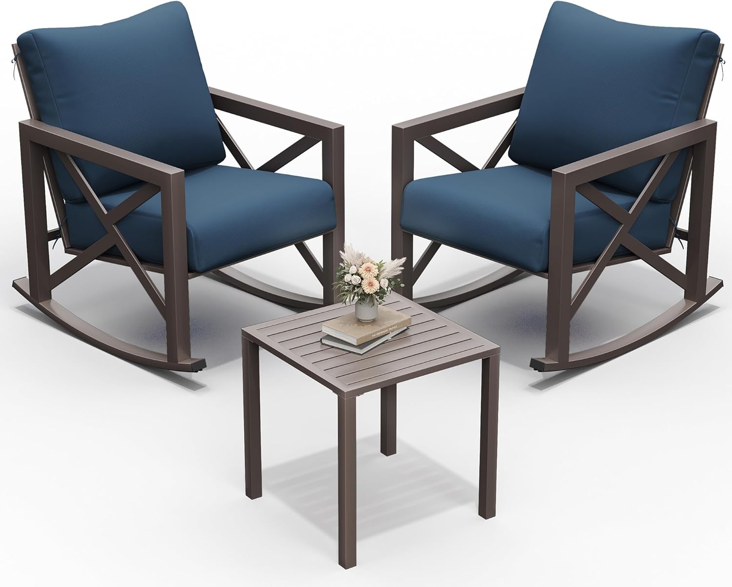 UDPATIO Rocking Chair Outdoor Set 2 with Coffee Table, 3 Piece Metal Rocking Bistro Set with 6.5" Water-Resistant Cushions, Oversized, 350lbs Heavy-Duty, for Porch, Patio, Balcony