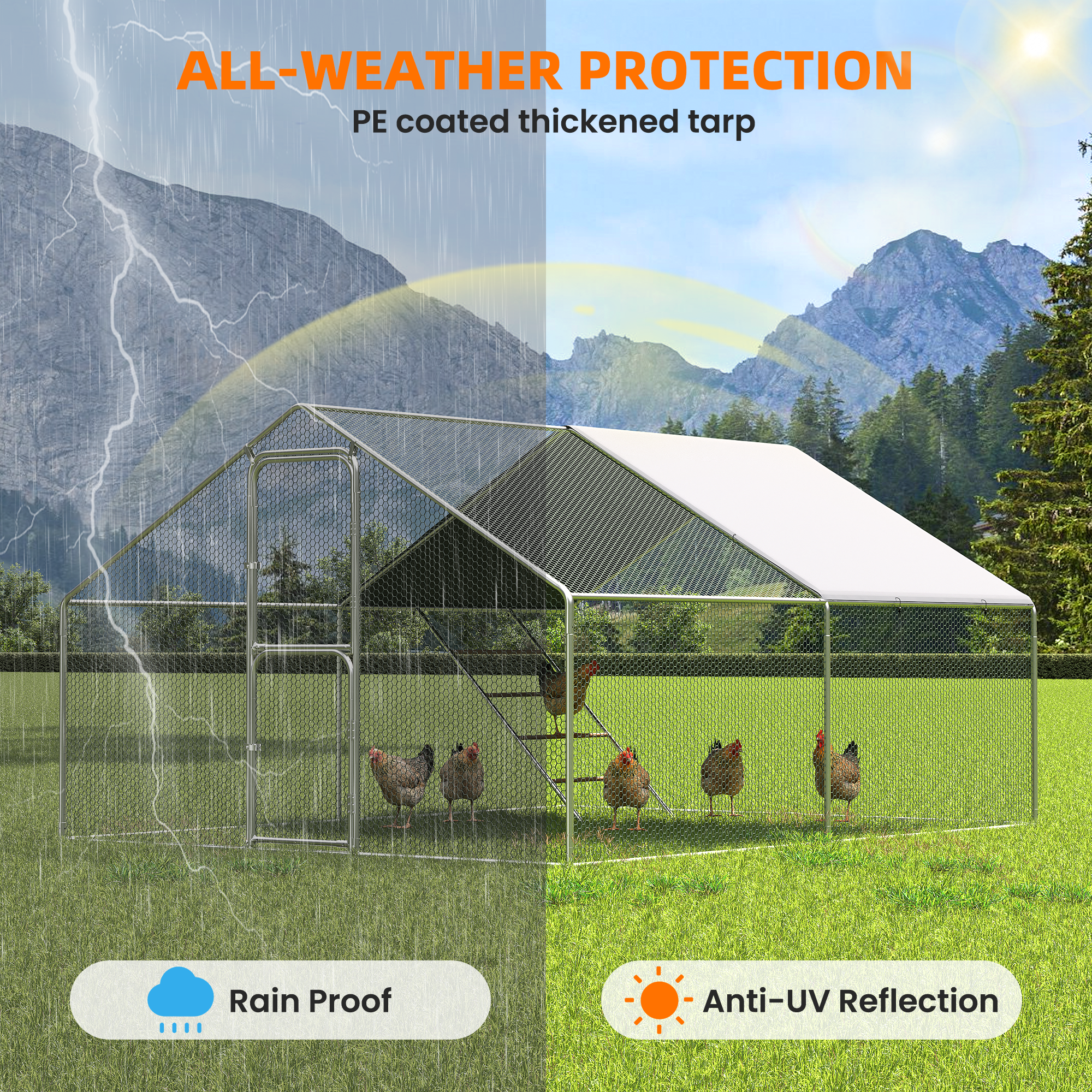 Large Chicken Coop & Metal Run - Spacious Walk In Pen for 10-20 Chickens with Double Feed Door, UV-Resistant Cover, Galvanized Frame - Duck & Rabbit House