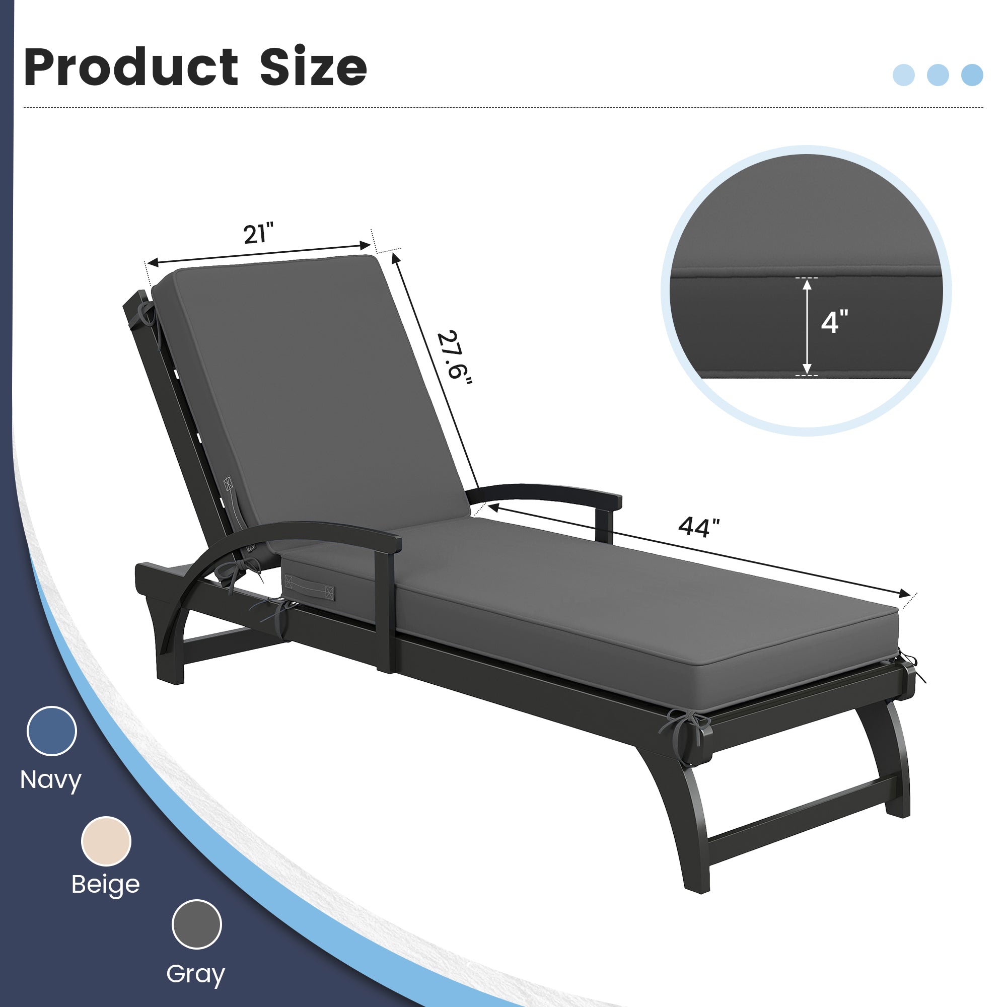 UDPATIO 2PCS Chaise Lounge Cushions, Oversized Thick 4-Inch Foam Pad, Fade-Proof Cover Chair Replacement for Patio, Poolside, Lawn, Deck & Outdoor Furniture - Removable Accessories (72"x21"x4")