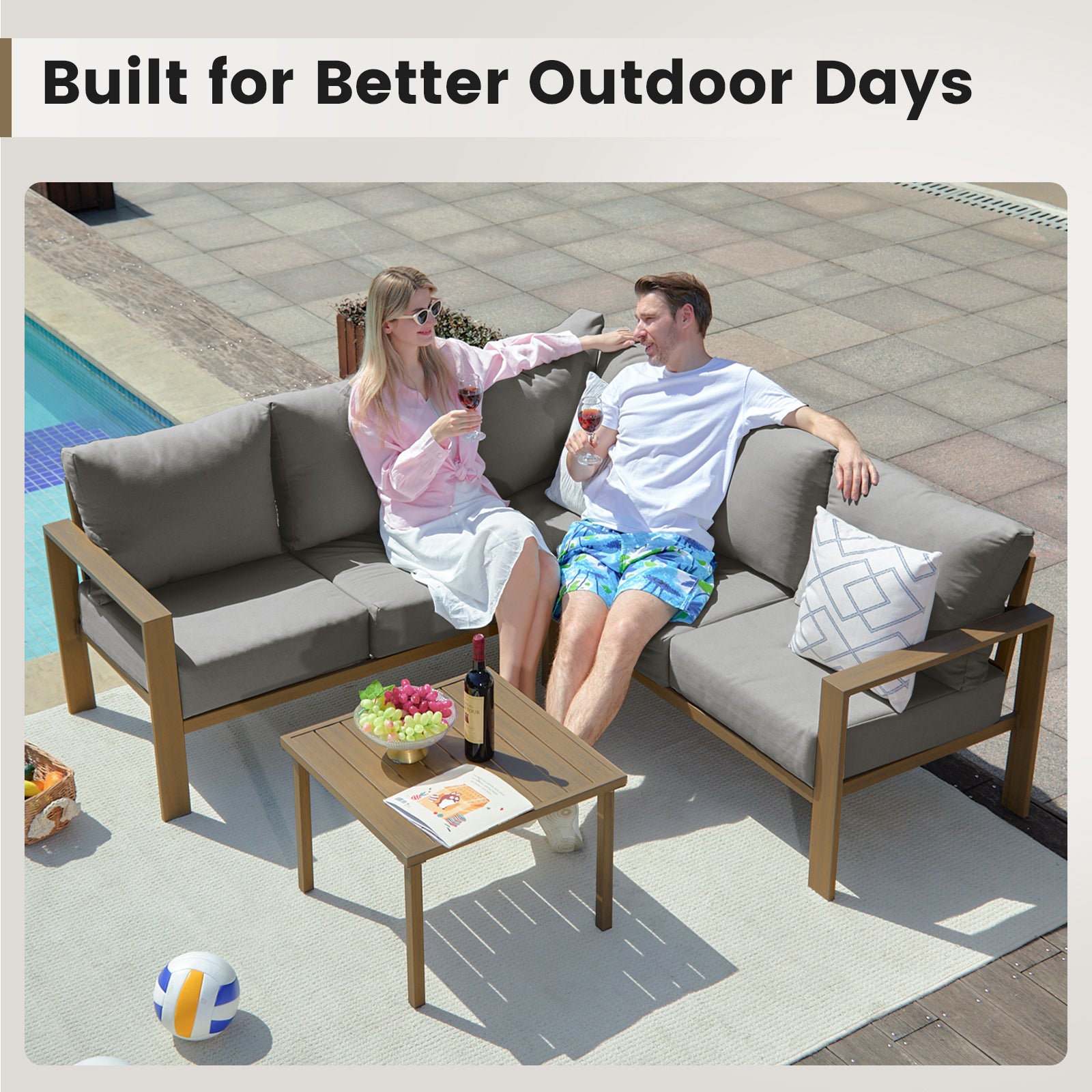 UDPATIO 6 Piece Patio Furniture Set, Faux Wood Metal Outdoor Sectional Sofa with 6" Thick Olefin Cushions, Wide Armrest & Coffee Table, L Shaped Outdoor Furniture for Garden, Backyard