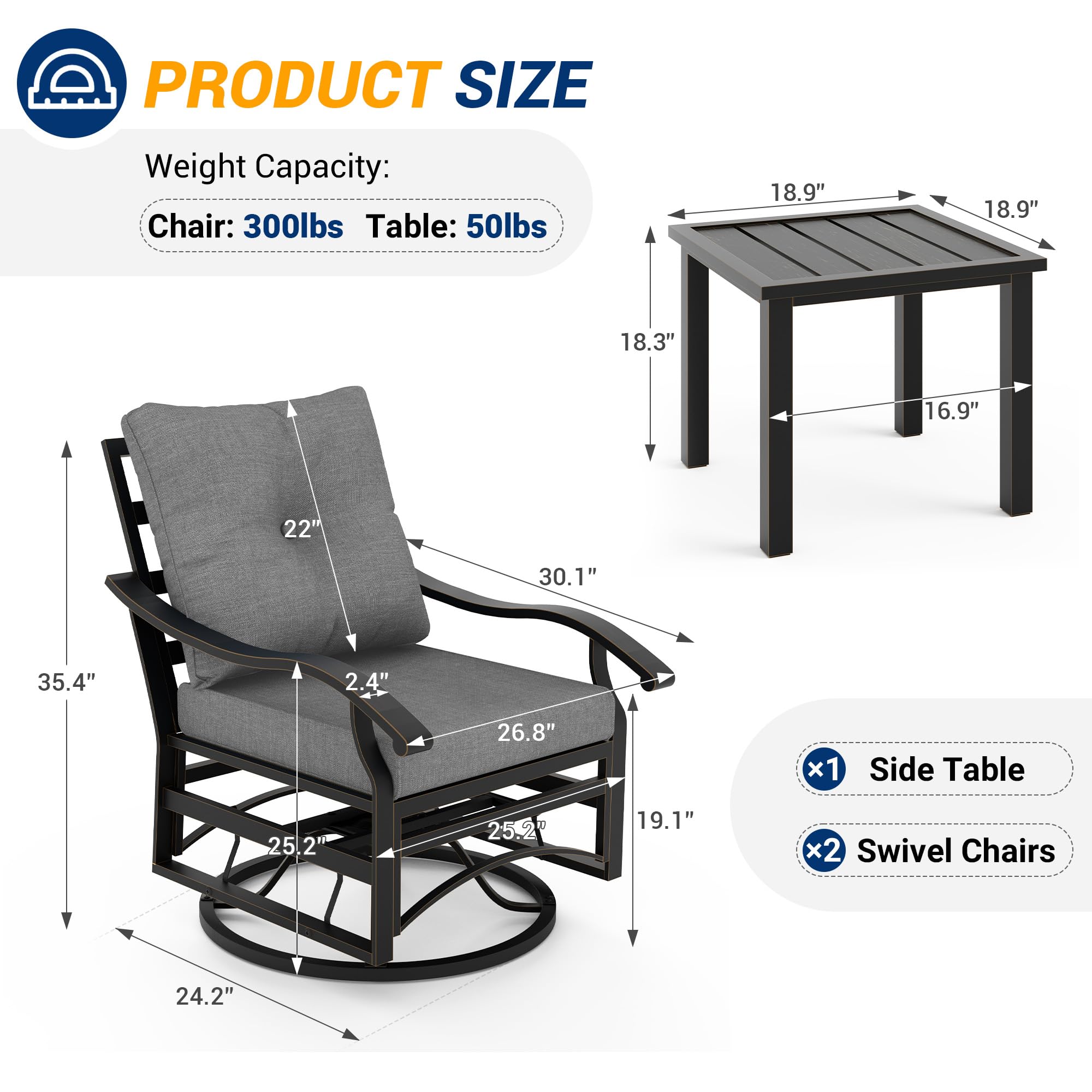 UDPATIO Outdoor Swivel Rocker Chairs, 3 Piece Metal Patio Rocking Chairs with Blue Padded Cushions Patio Bistro Furniture Set with Side Table for Porch Balcony Backyard