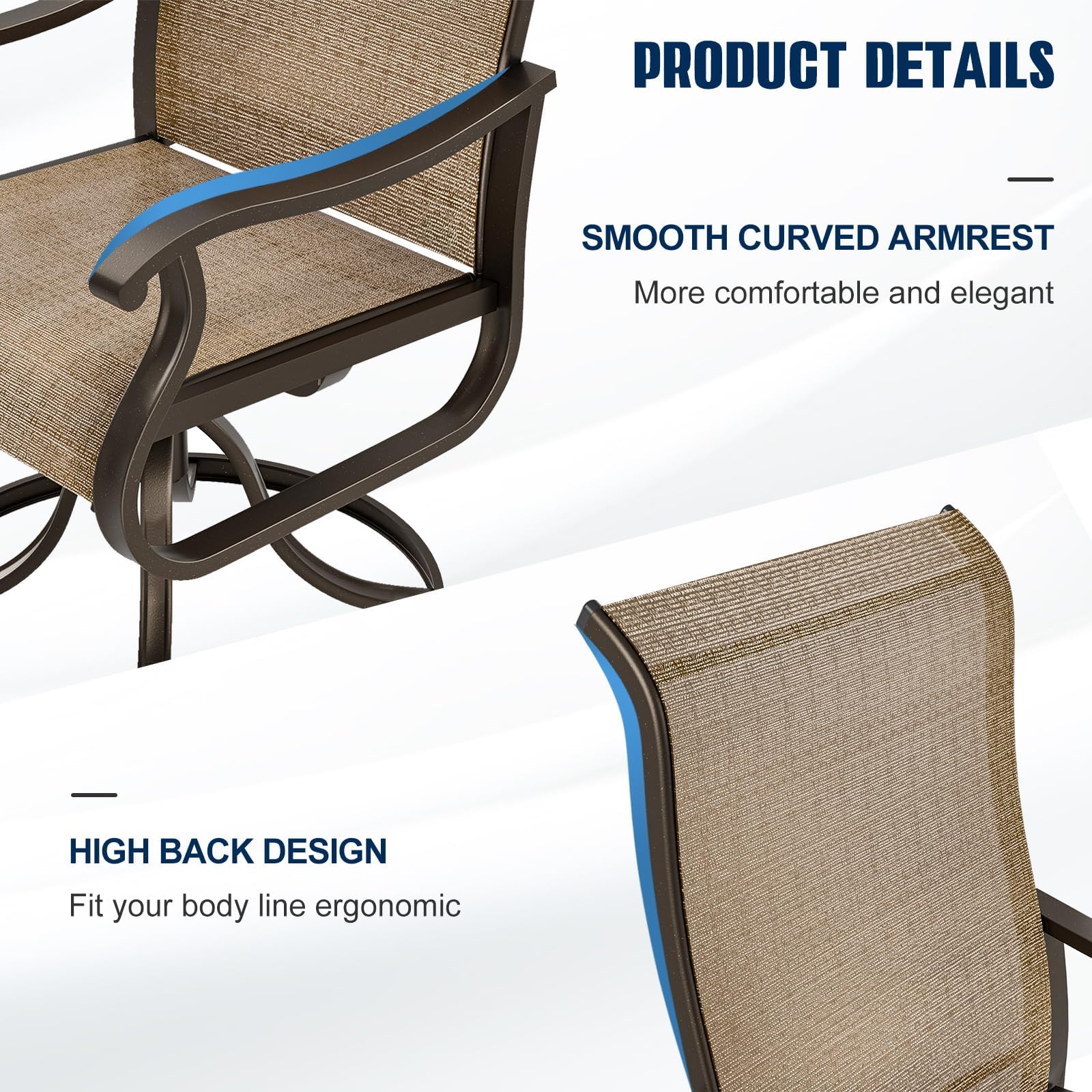 UDPATIO Patio Swivel Dining Chairs Set of 2, Outdoor Dining Chairs High Back with All Weather Breathable Textilene, Metal Rocking Frame for Lawn Garden, Brown