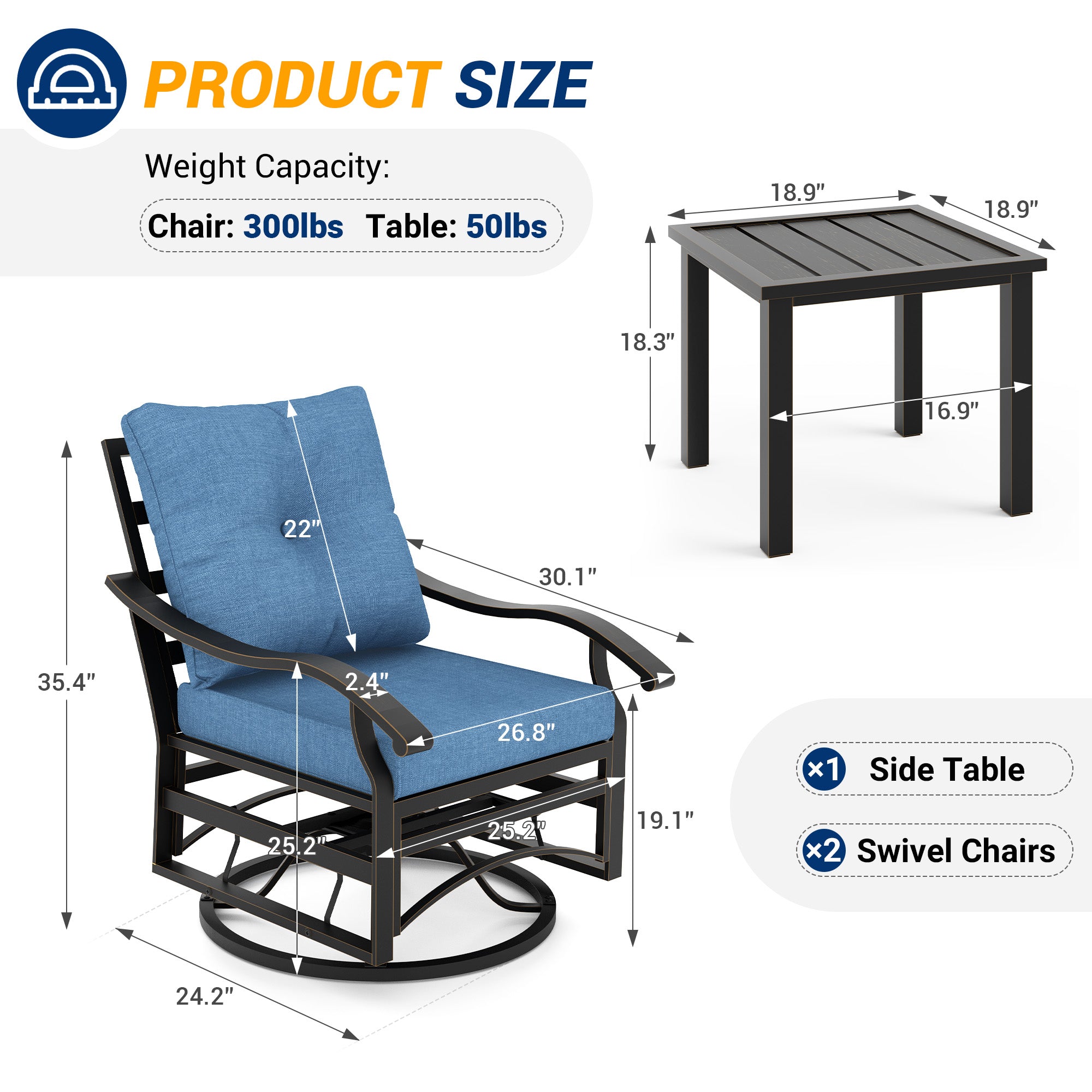 UDPATIO Outdoor Swivel Rocker Chairs, 3 Piece Metal Patio Rocking Chairs with Blue Padded Cushions Patio Bistro Furniture Set with Side Table for Porch Balcony Backyard
