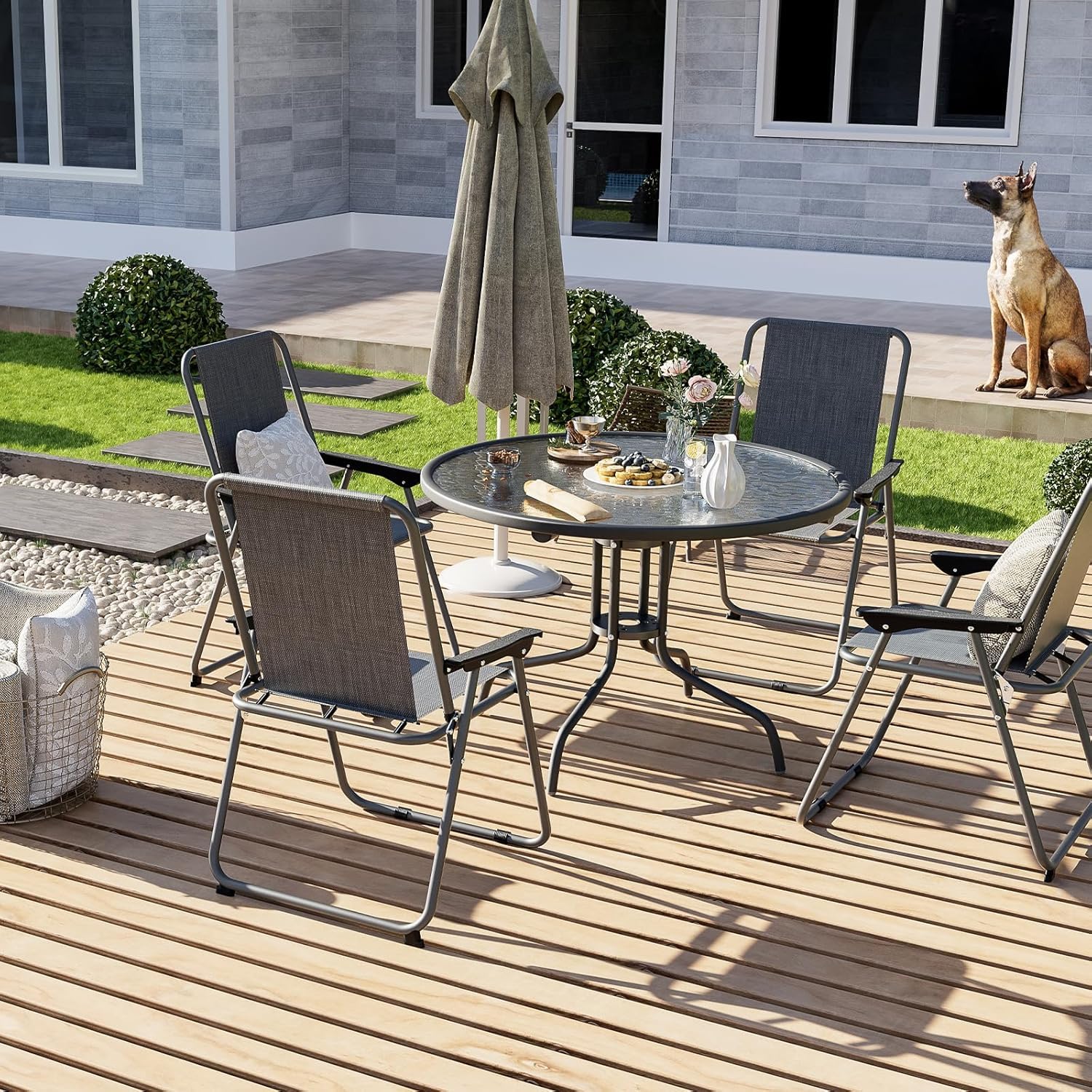 UDPATIO Folding Patio Chairs Set, Patio Dining Chairs Set of 4 and 31.5" Metal Table with 1.57" Umbrella Hole, Black