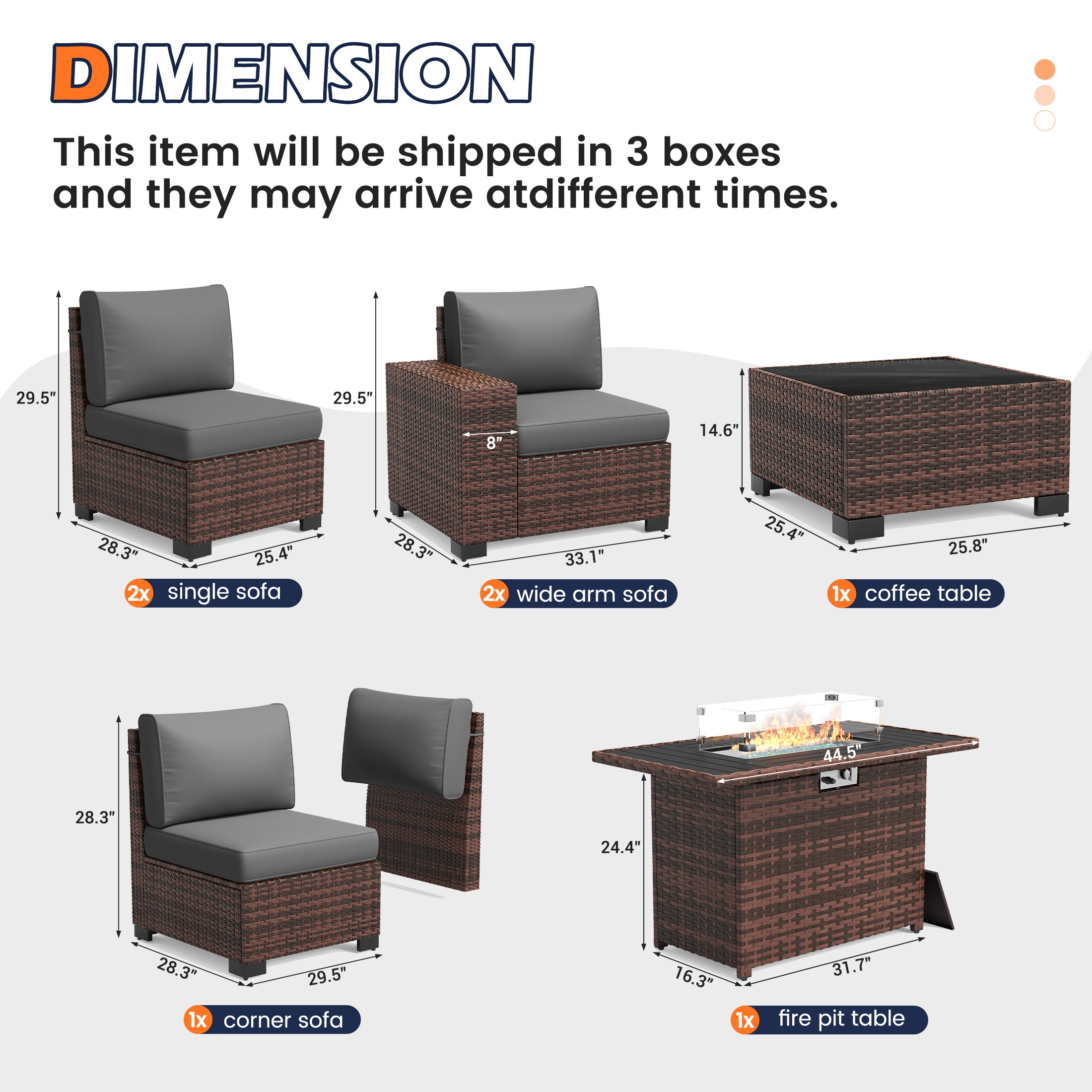 UDPATIO Patio Furniture Set with Fire Pit Table, Outdoor Patio Sofa Set With Wide Armrest, All-Weather Wicker Rattan Guest Set With Cushion And Glass Table And Waterproof Cover, Brown&Dark Gray