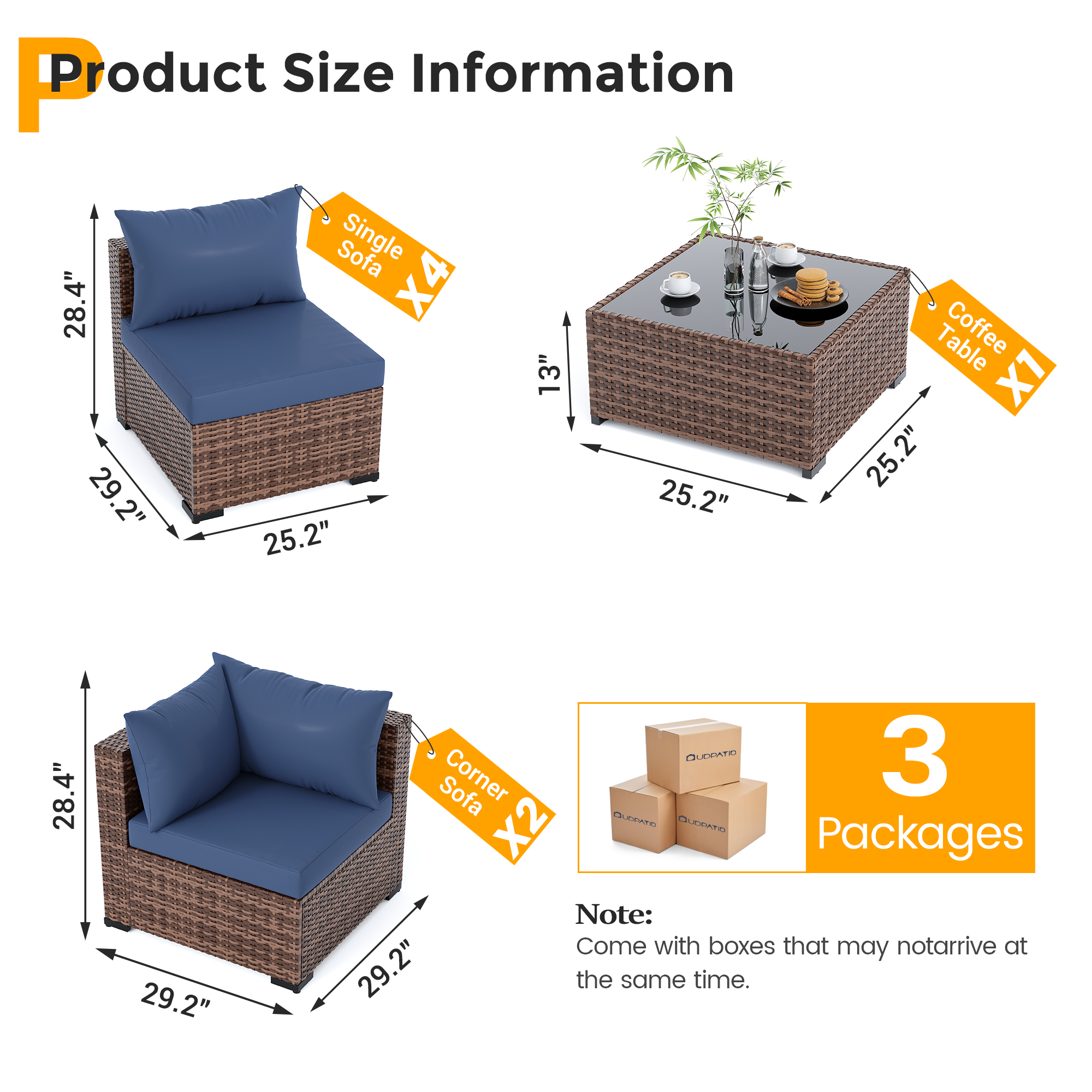 UDPATIO Patio Furniture Set, Outdoor Sectional Sofas with Wicker Coffee Table, Outdoor Patio Conversation Set for Garden, Backyard Dark Grey