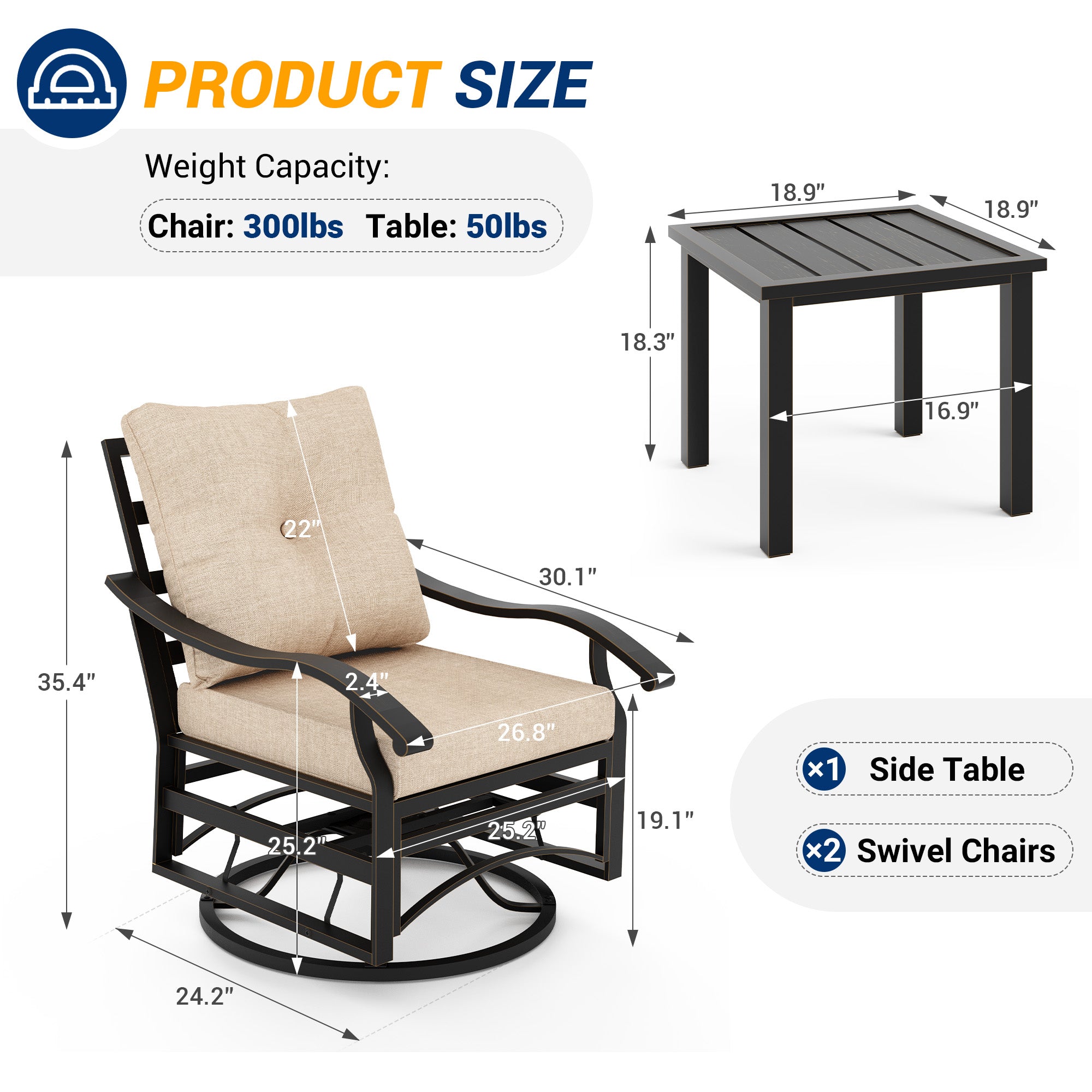 UDPATIO Outdoor Swivel Rocker Chairs, 3 Piece Metal Patio Rocking Chairs with Blue Padded Cushions Patio Bistro Furniture Set with Side Table for Porch Balcony Backyard