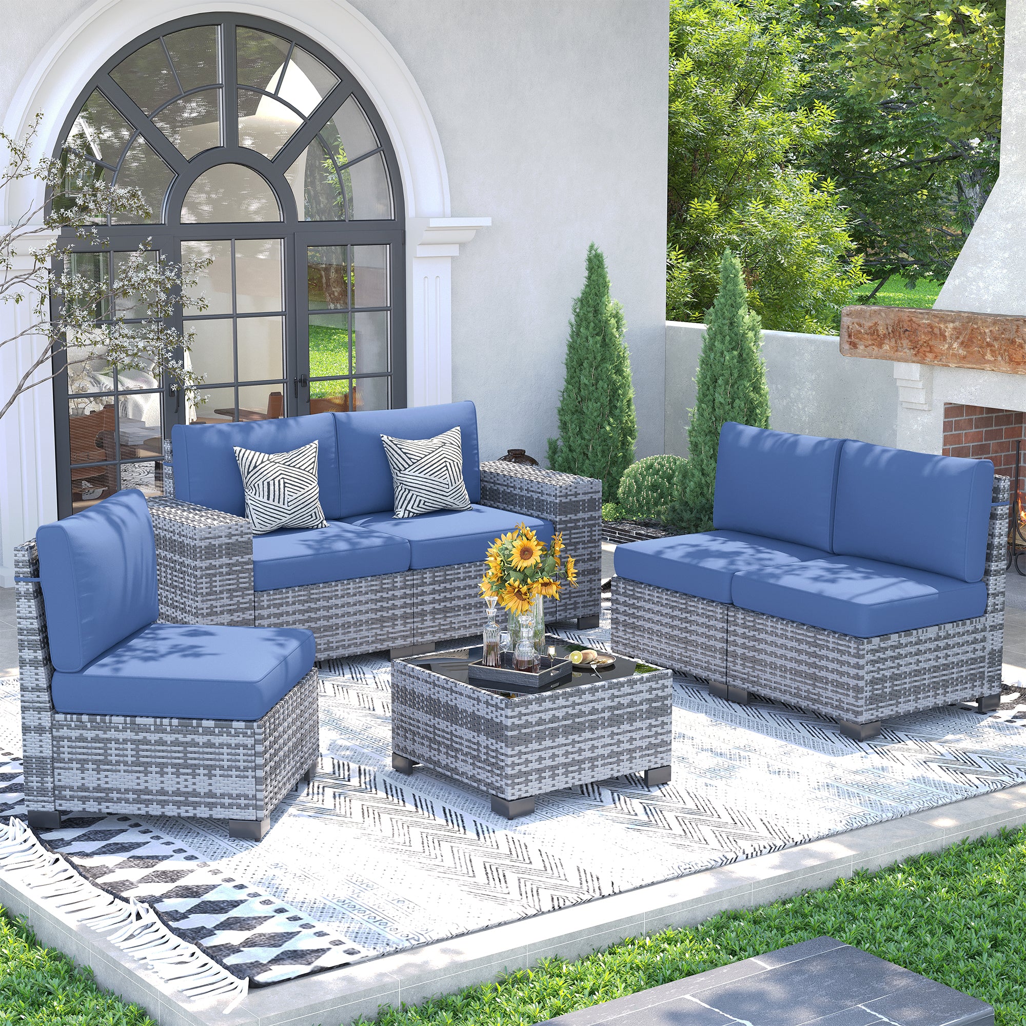 UDPATIO Patio Furniture Set, 8'' Wide Armrest Modular Rattan Outdoor Sectional  Sofa Set, 6 Pieces Wicker Patio Conversation Sets for Backyard,Deck w/ 4'' Cushions,Cover,Coffee Table